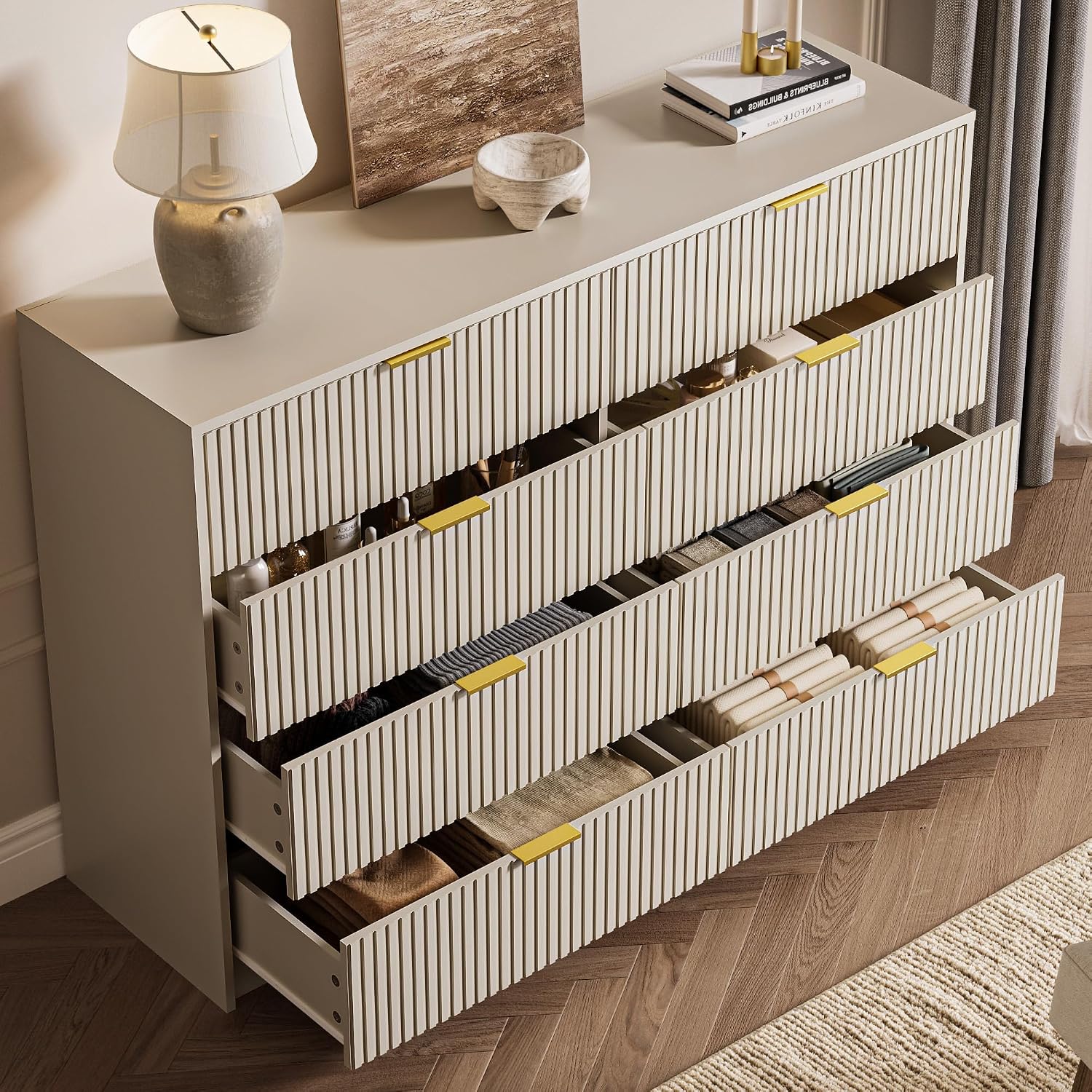 Cómoda beige para dormitorio, cómoda doble de 8 cajones.