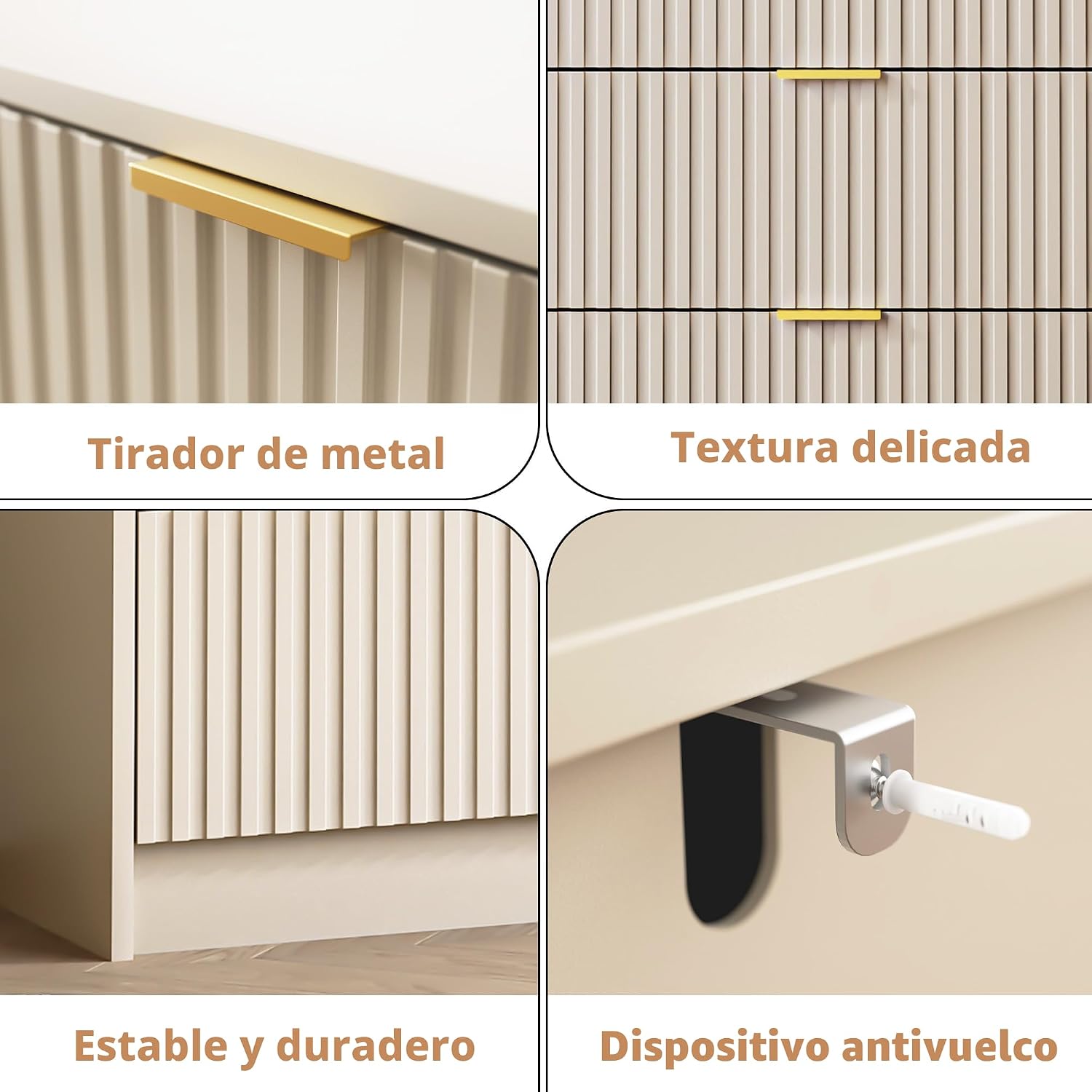 Cómoda beige para dormitorio, cómoda doble de 8 cajones.