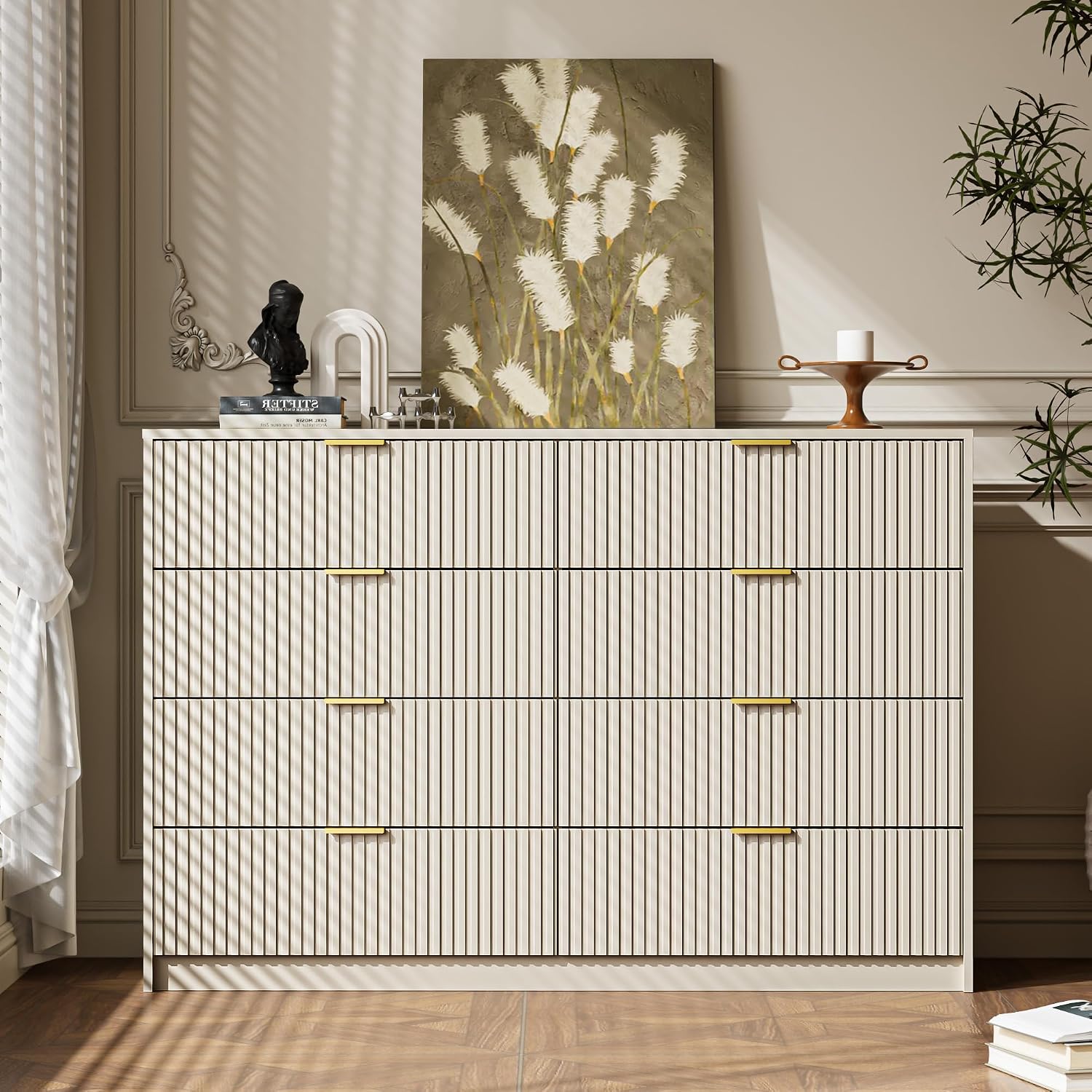Cómoda beige para dormitorio, cómoda doble de 8 cajones.