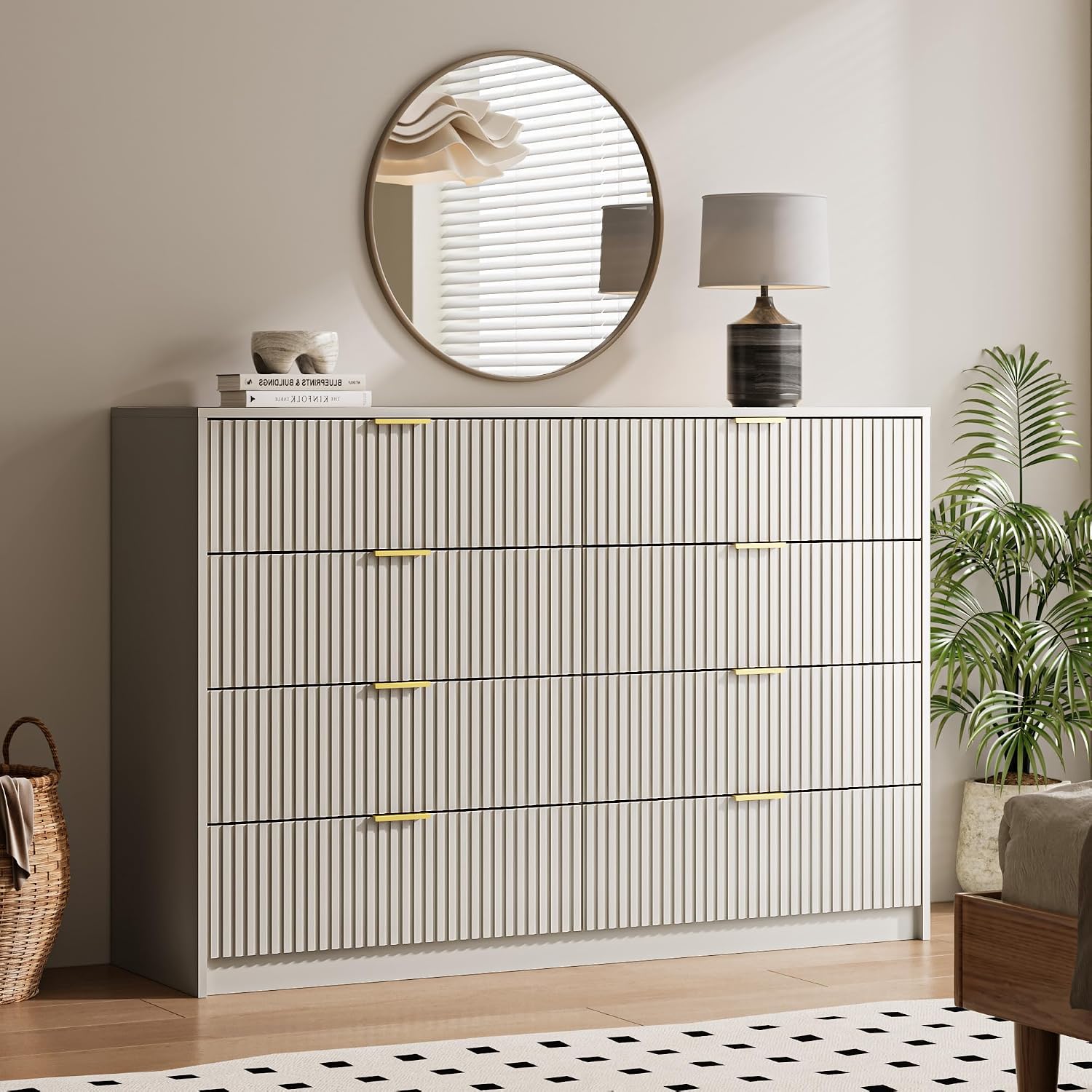 Cómoda beige para dormitorio, cómoda doble de 8 cajones.