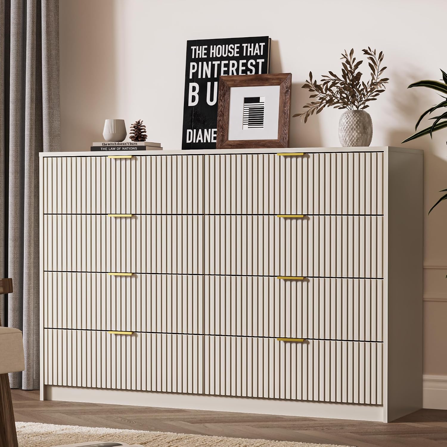 Cómoda beige para dormitorio, cómoda doble de 8 cajones.