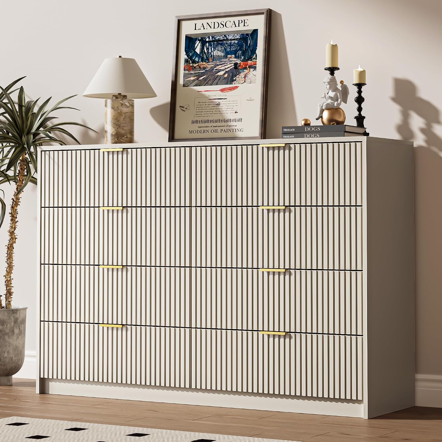 Cómoda beige para dormitorio, cómoda doble de 8 cajones.