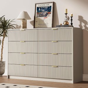 Cómoda beige para dormitorio, cómoda doble de 8 cajones.