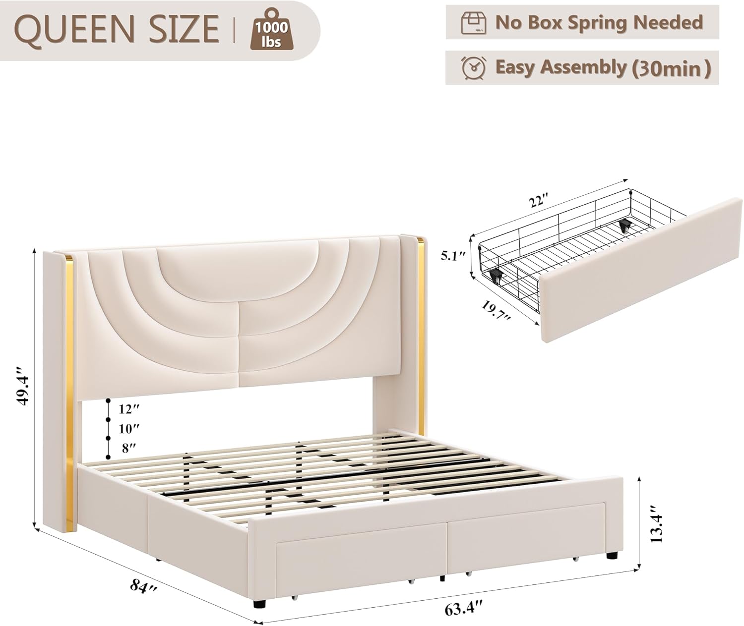 HITHOS - Base de cama LED tapizada con 2 cajones de almacenamiento, cama de plataforma de terciopelo con cabecera con alas laterales, listones de madera maciza, diseño de empalme, Queen, beige