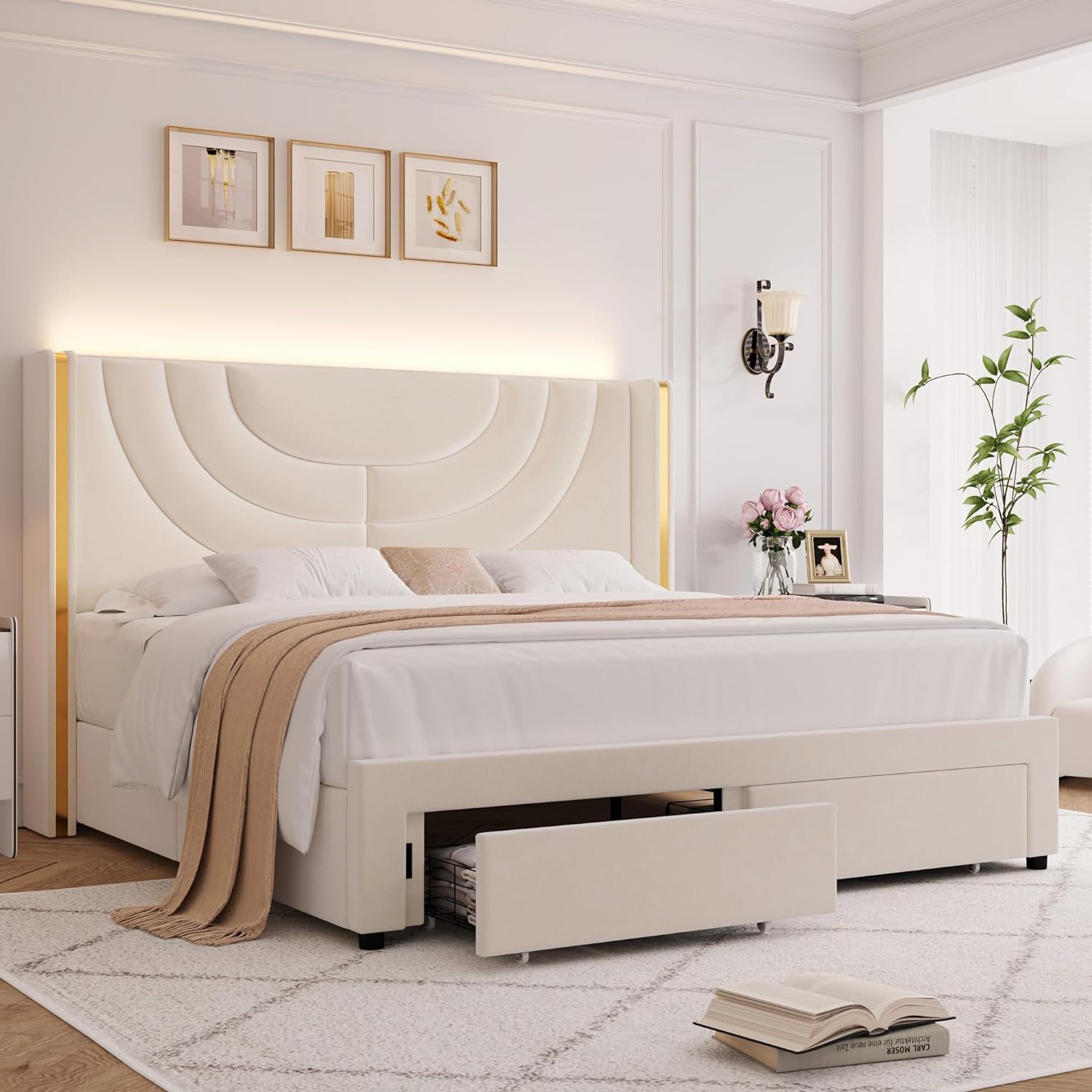 HITHOS - Base de cama LED tapizada con 2 cajones de almacenamiento, cama de plataforma de terciopelo con cabecera con alas laterales, listones de madera maciza, diseño de empalme, Queen, beige