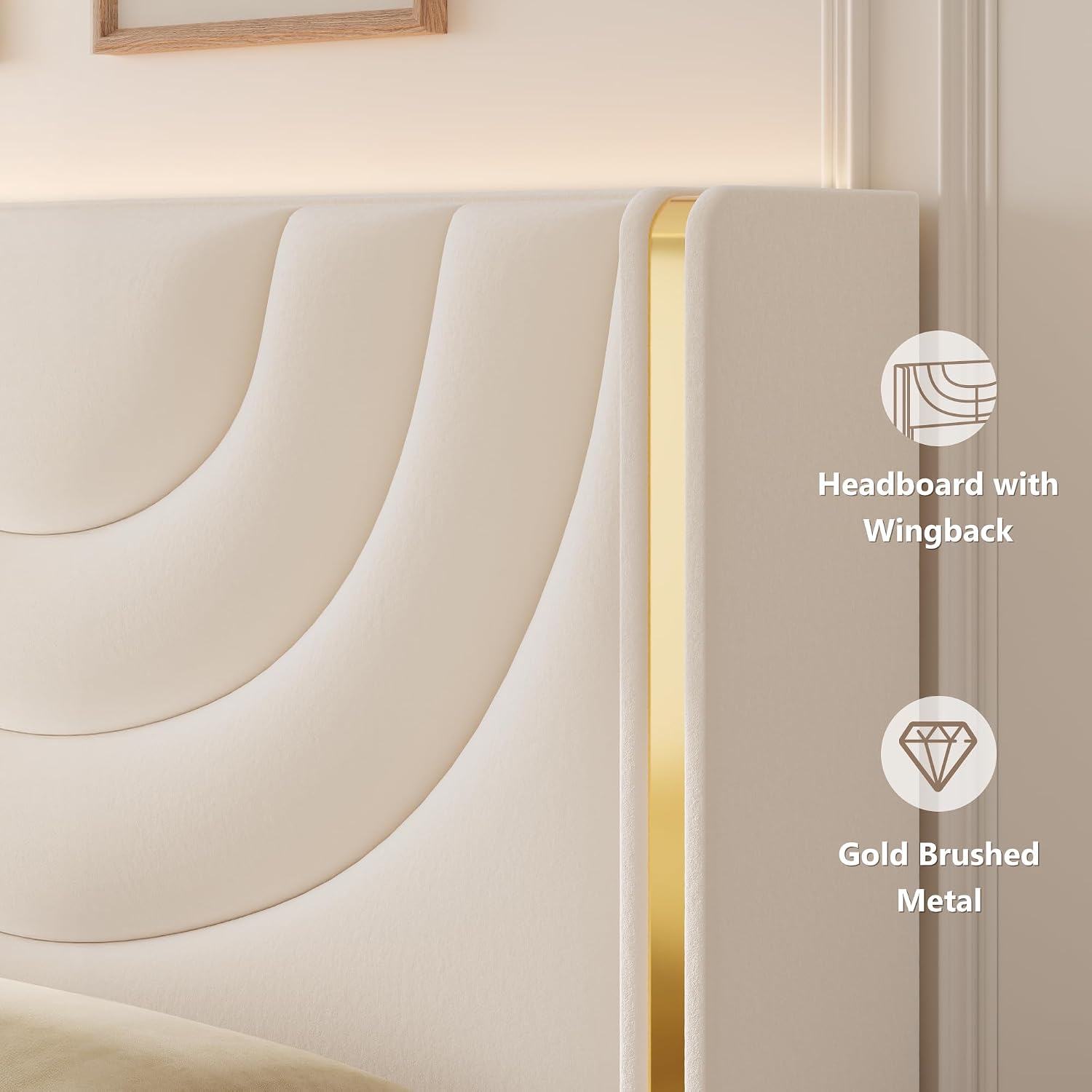 HITHOS - Base de cama LED tapizada con 2 cajones de almacenamiento, cama de plataforma de terciopelo con cabecera con alas laterales, listones de madera maciza, diseño de empalme, Queen, beige