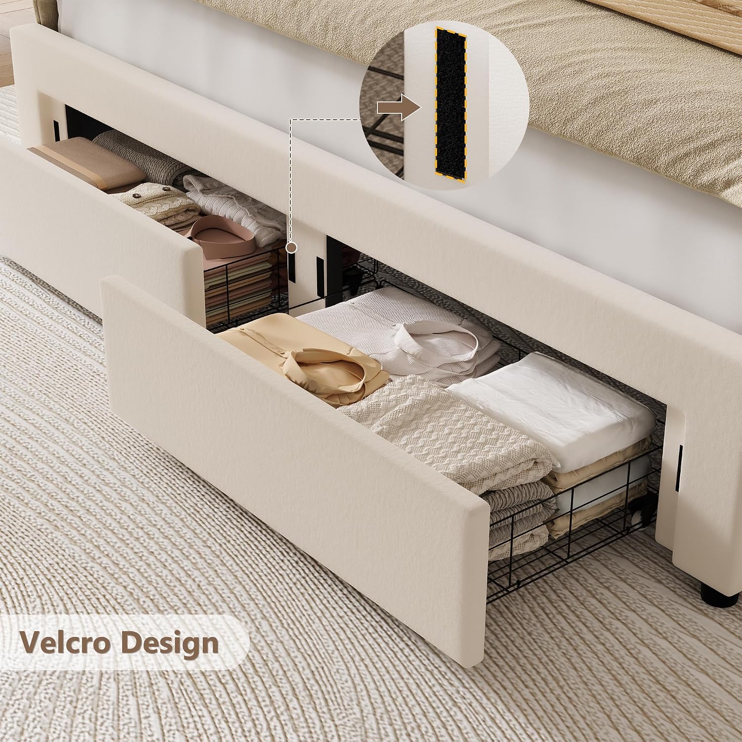 HITHOS - Base de cama LED tapizada con 2 cajones de almacenamiento, cama de plataforma de terciopelo con cabecera con alas laterales, listones de madera maciza, diseño de empalme, Queen, beige