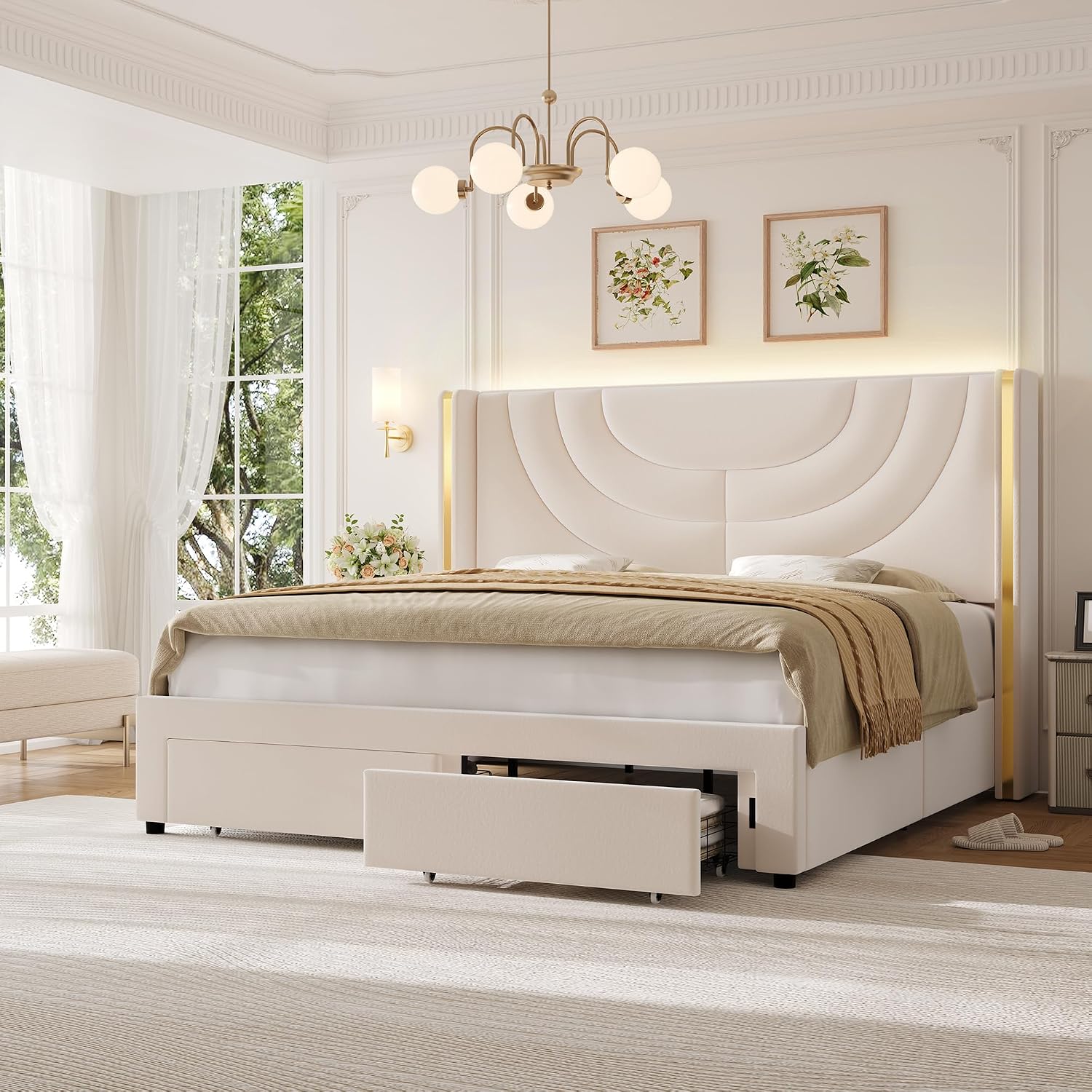 HITHOS - Base de cama LED tapizada con 2 cajones de almacenamiento, cama de plataforma de terciopelo con cabecera con alas laterales, listones de madera maciza, diseño de empalme, Queen, beige