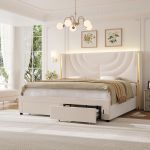 HITHOS - Base de cama LED tapizada con 2 cajones de almacenamiento, cama de plataforma de terciopelo con cabecera con alas laterales, listones de madera maciza, diseño de empalme, Queen, beige