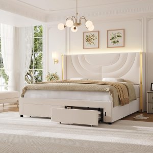 HITHOS - Base de cama LED tapizada con 2 cajones de almacenamiento, cama de plataforma de terciopelo con cabecera con alas laterales, listones de madera maciza, diseño de empalme, Queen, beige