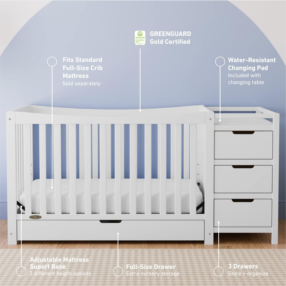 Graco Remi - Cuna convertible 4 en 1 y cambiador (blanco) – Certificado GREENGUARD Gold, se adapta a colchón de cuna estándar, se convierte en cama infantil y cama completa, 4 alturas de colchón