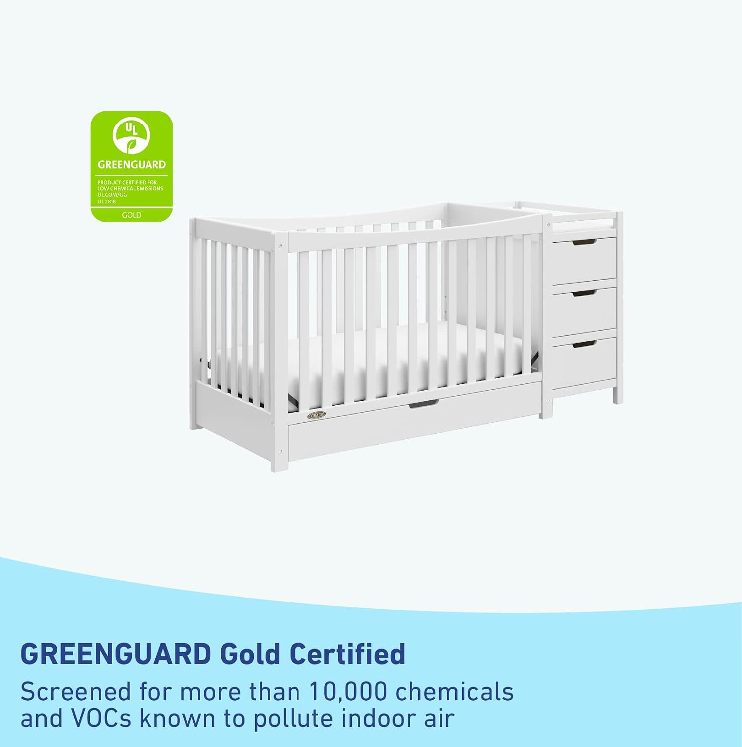 Graco Remi - Cuna convertible 4 en 1 y cambiador (blanco) – Certificado GREENGUARD Gold, se adapta a colchón de cuna estándar, se convierte en cama infantil y cama completa, 4 alturas de colchón