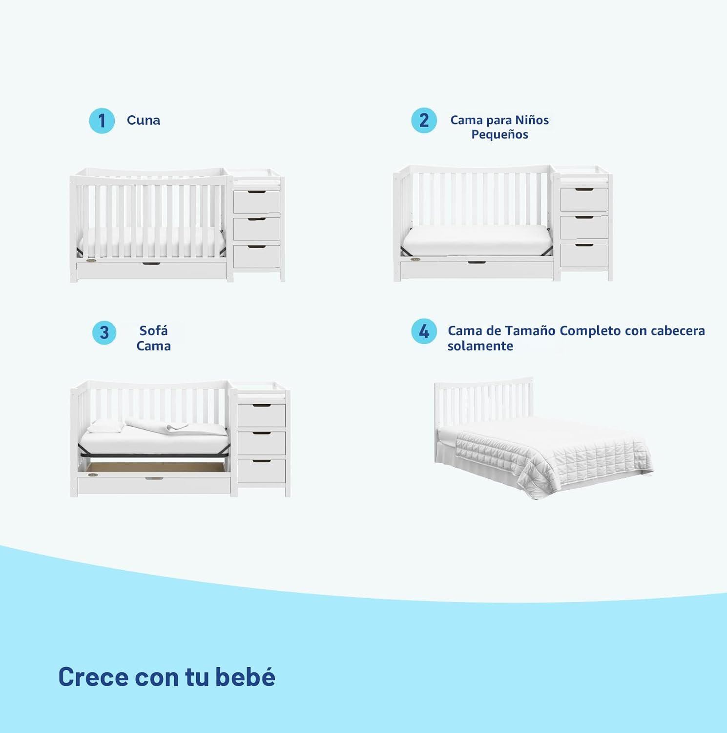 Graco Remi - Cuna convertible 4 en 1 y cambiador (blanco) – Certificado GREENGUARD Gold, se adapta a colchón de cuna estándar, se convierte en cama infantil y cama completa, 4 alturas de colchón