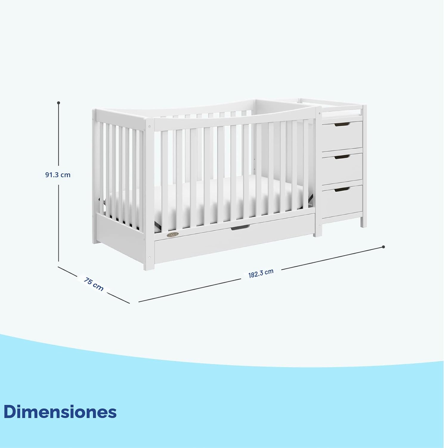 Graco Remi - Cuna convertible 4 en 1 y cambiador (blanco) – Certificado GREENGUARD Gold, se adapta a colchón de cuna estándar, se convierte en cama infantil y cama completa, 4 alturas de colchón