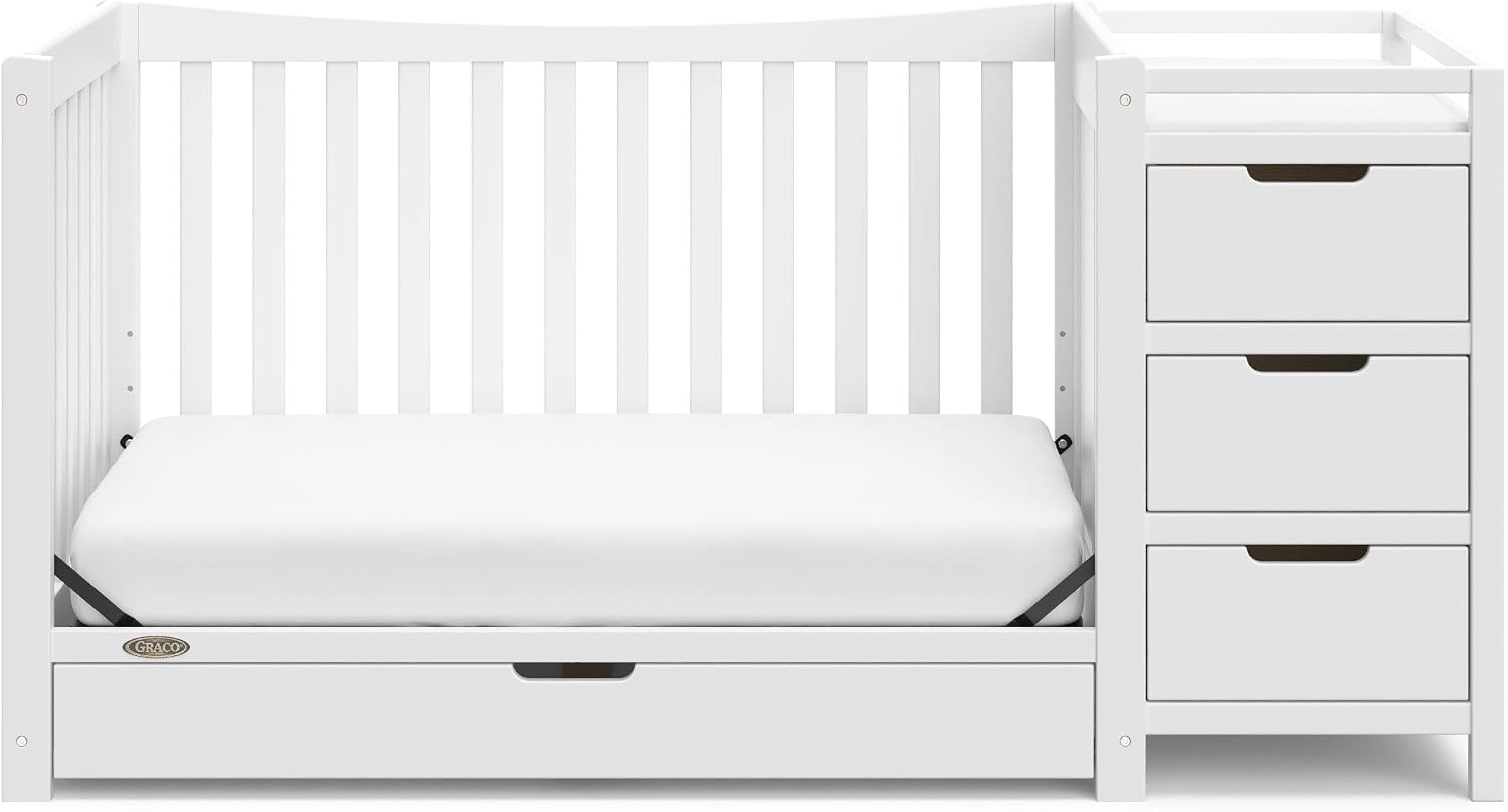 Graco Remi - Cuna convertible 4 en 1 y cambiador (blanco) – Certificado GREENGUARD Gold, se adapta a colchón de cuna estándar, se convierte en cama infantil y cama completa, 4 alturas de colchón
