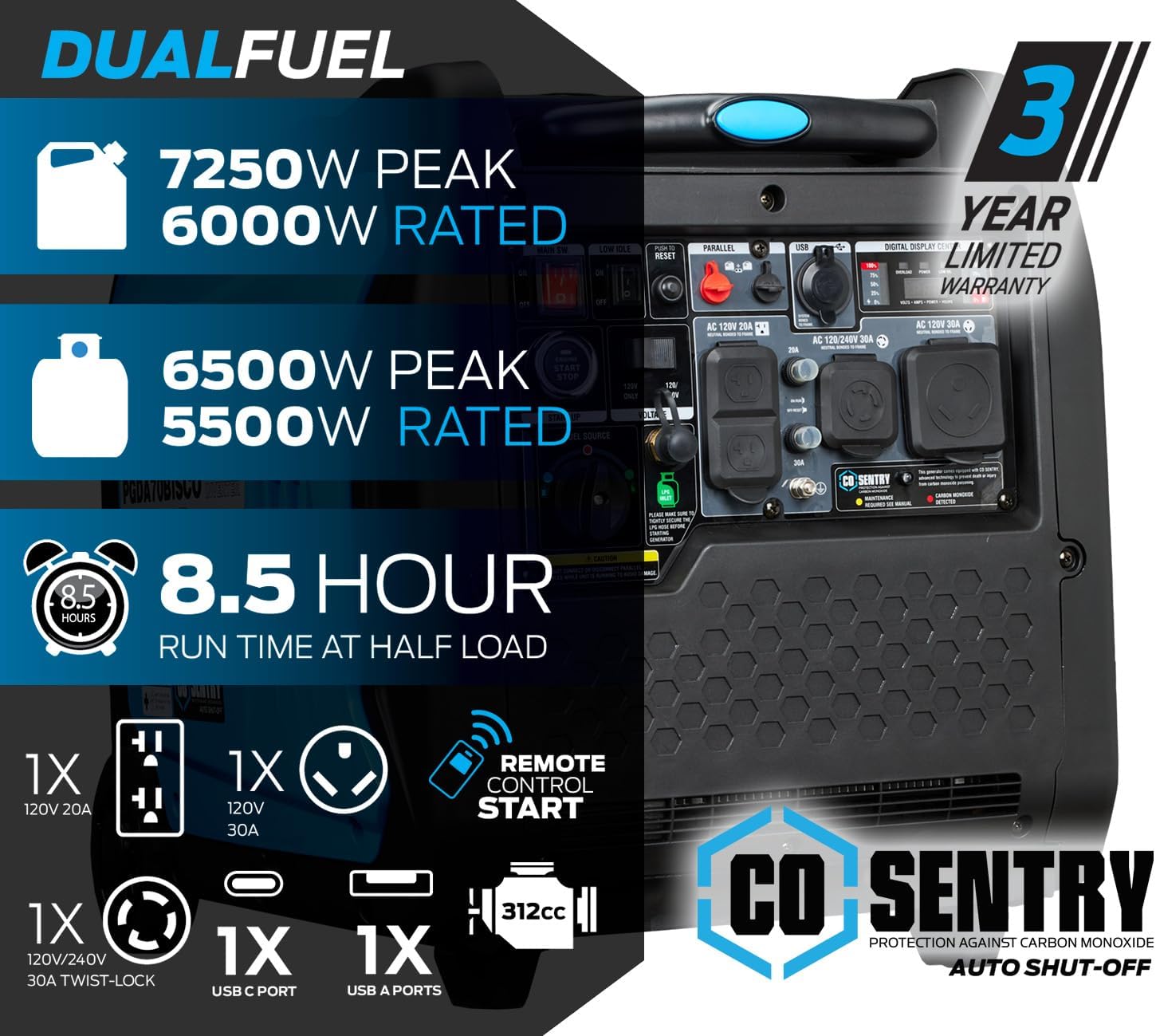 Pulsar, generador inversor de 7,250 vatios de combustible dual Gasolina y Gas. Sumamente silencioso con arranque remoto