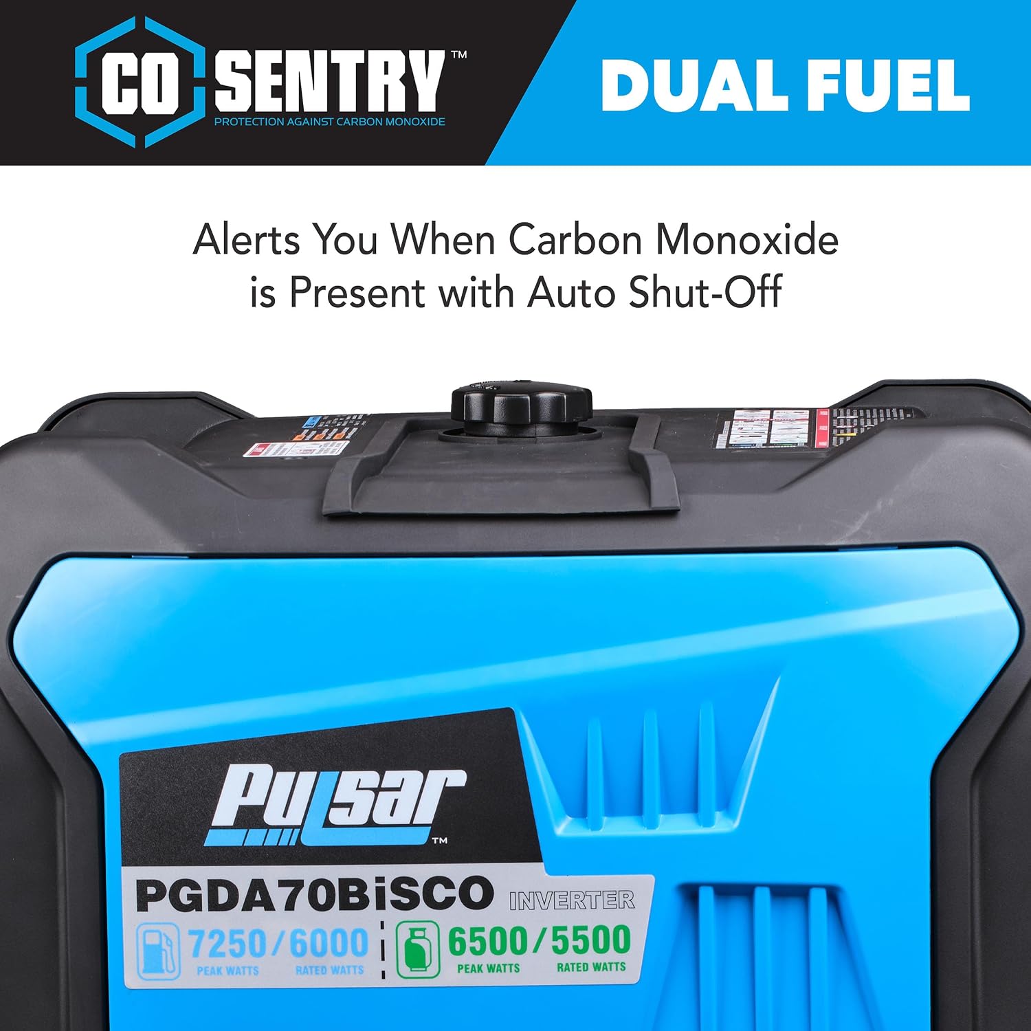 Pulsar, generador inversor de 7,250 vatios de combustible dual Gasolina y Gas. Sumamente silencioso con arranque remoto
