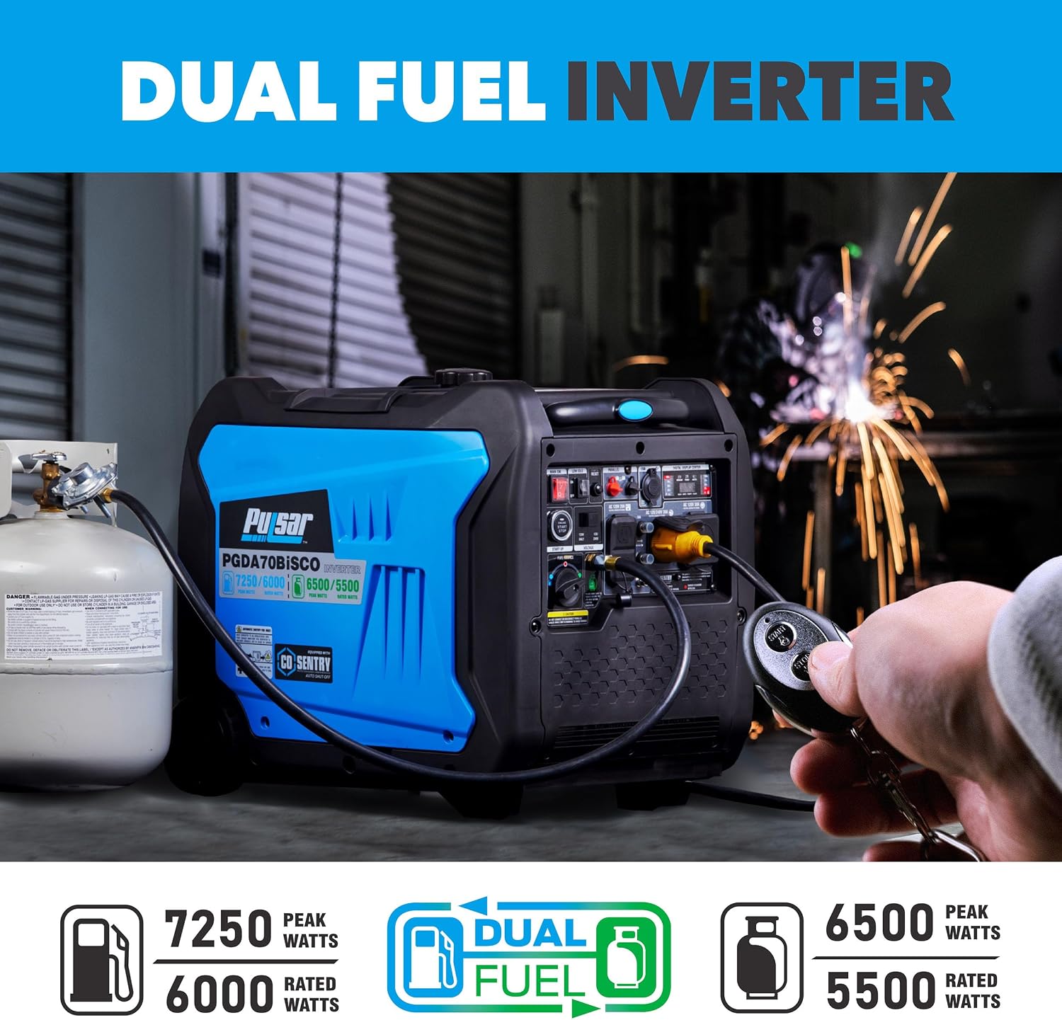 Pulsar, generador inversor de 7,250 vatios de combustible dual Gasolina y Gas. Sumamente silencioso con arranque remoto