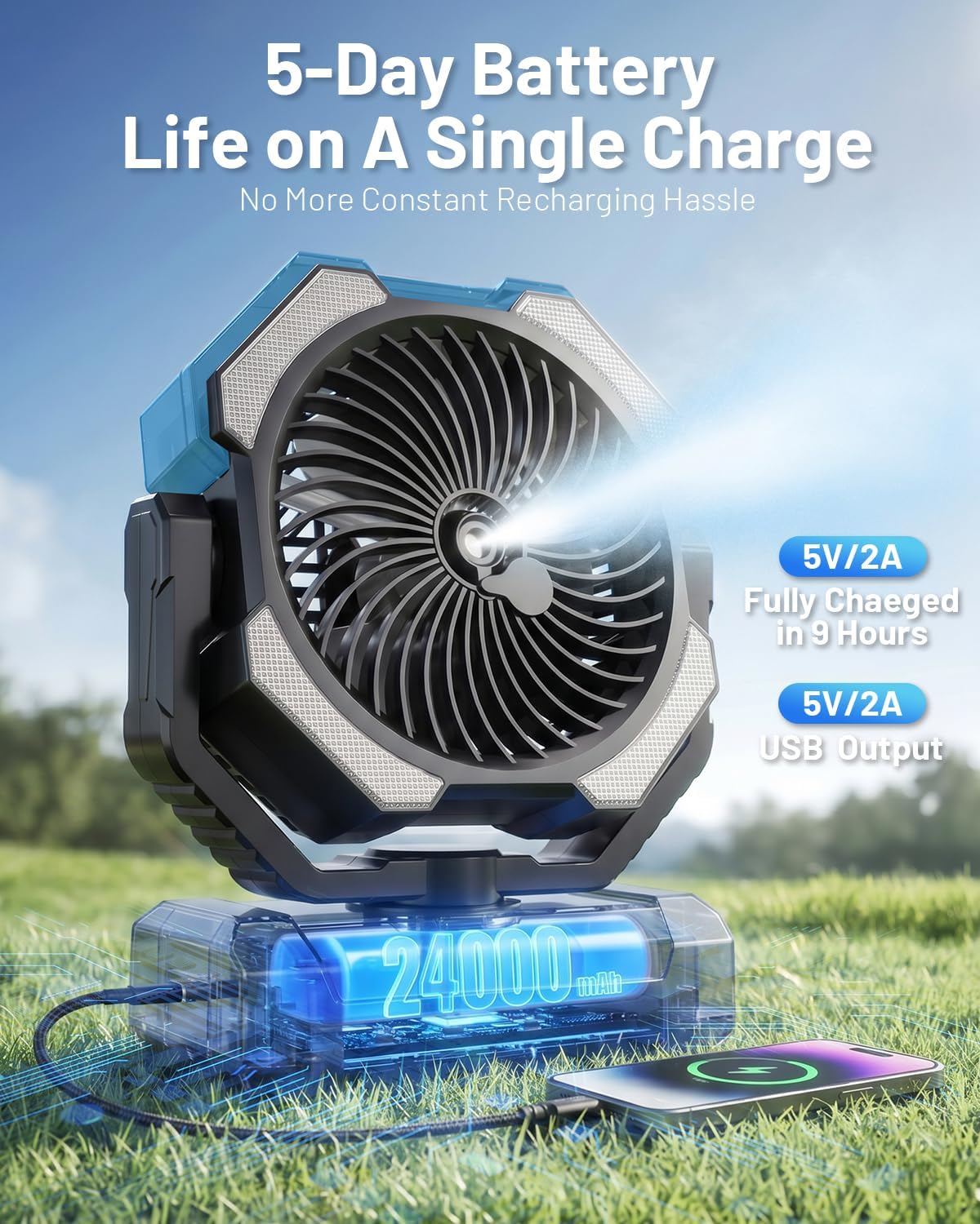 Ventilador de niebla portátil con tanque de agua de 9 onzas, ventiladores de refrigeración recargables de 24000 mAh.