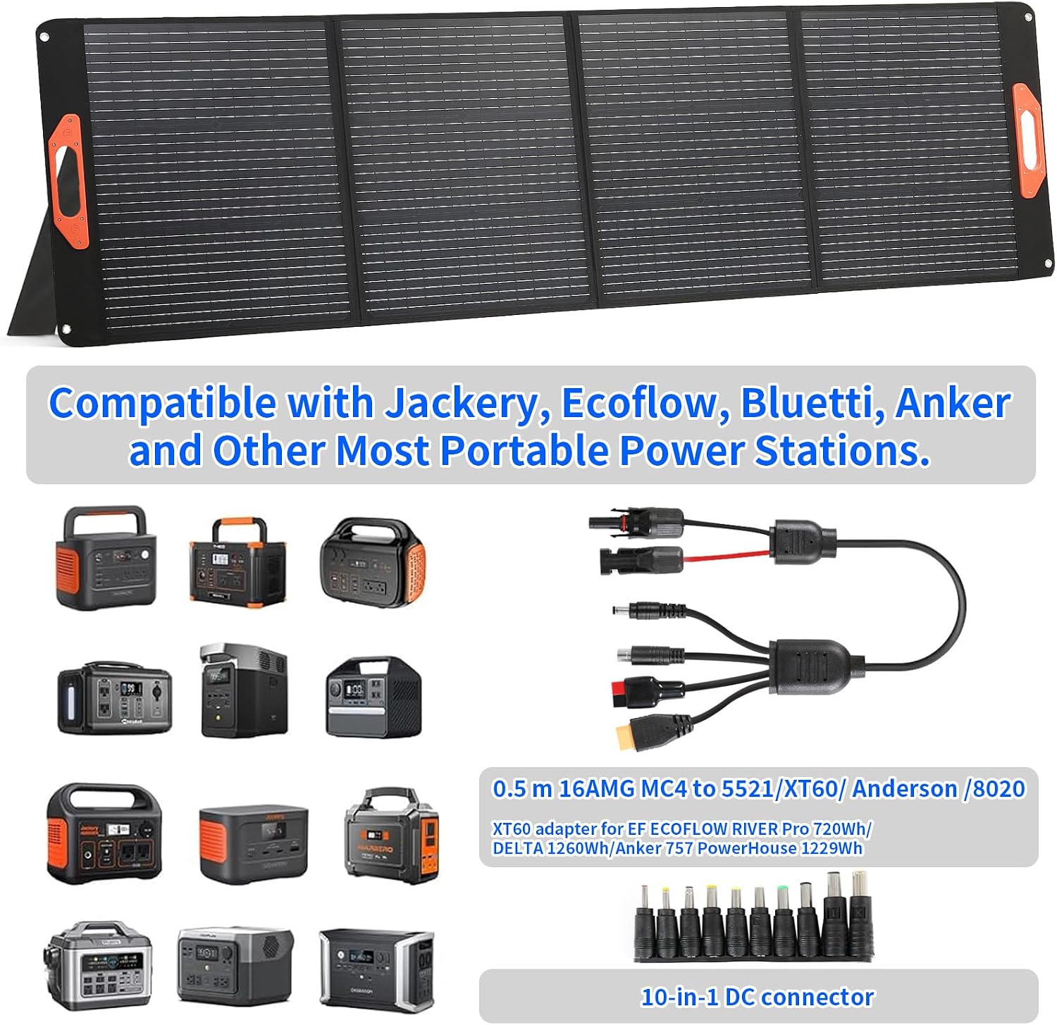 Panel solar portátil de 200W para estación de energía, compatible con Jackery, Ecoflow, Bluetti, Anker y más estaciones de energía portátiles, 23.5% de alta eficiencia, resistente a la intemperie para