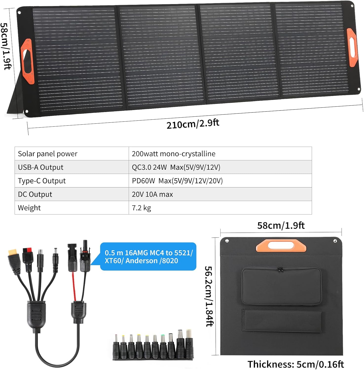 Panel solar portátil de 200W para estación de energía, compatible con Jackery, Ecoflow, Bluetti, Anker y más estaciones de energía portátiles, 23.5% de alta eficiencia, resistente a la intemperie para