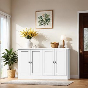 holzart Armario de almacenamiento de buffet blanco con 4 puertas, gabinete de barra de café de 49 pulgadas de ancho, aparador de buffet de cocina para sala de estar, cocina
