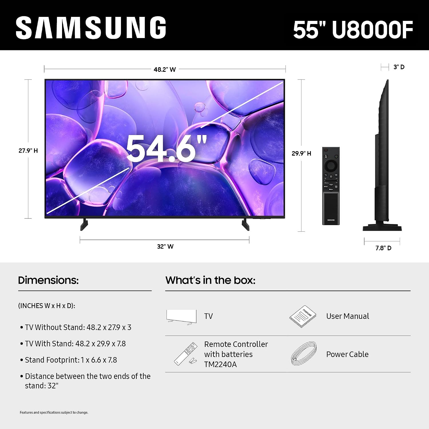 Samsung Smart TV Crystal UHD U8000F 4K de 55 pulgadas (modelo 2025) Contenido gratuito sin fin, procesador, diseño MetalStream, Knox Security, compatible con Alexa