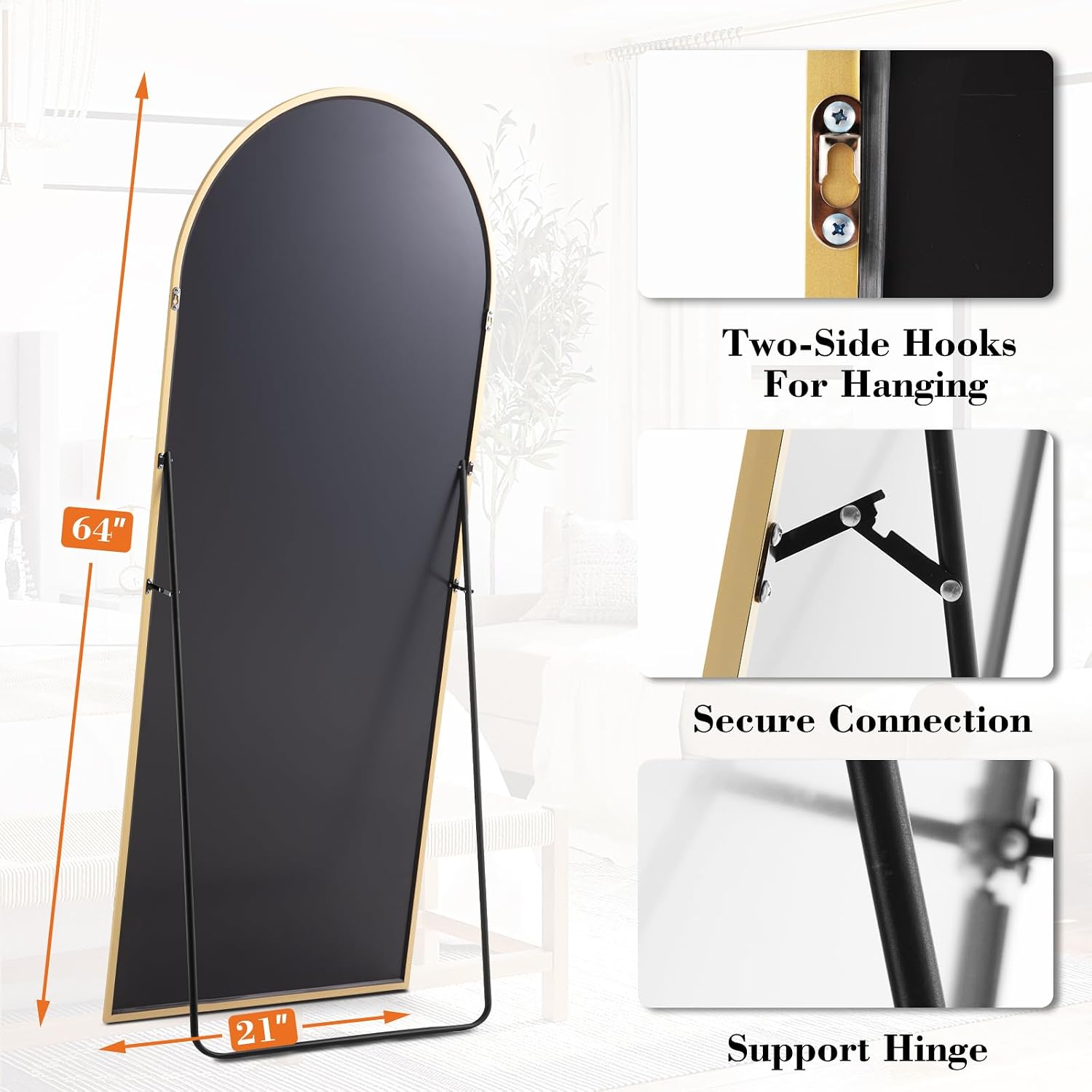 DUMOS Espejo arqueado de longitud completa de 64 x 21 pulgadas, espejo de cuerpo completo con soporte, vidrio templado inastillable, marco moderno de aleación de aluminio, de pie o inclinado para