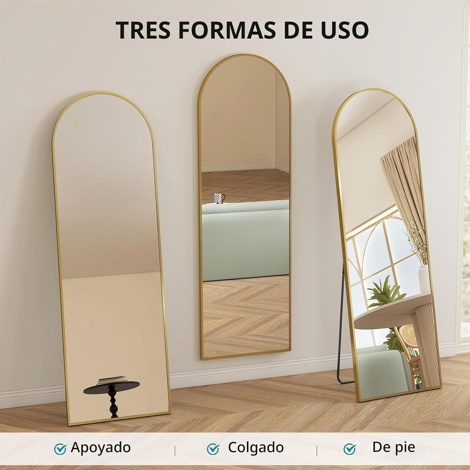 DUMOS Espejo arqueado de longitud completa de 64 x 21 pulgadas, espejo de cuerpo completo con soporte, vidrio templado inastillable, marco moderno de aleación de aluminio, de pie o inclinado para