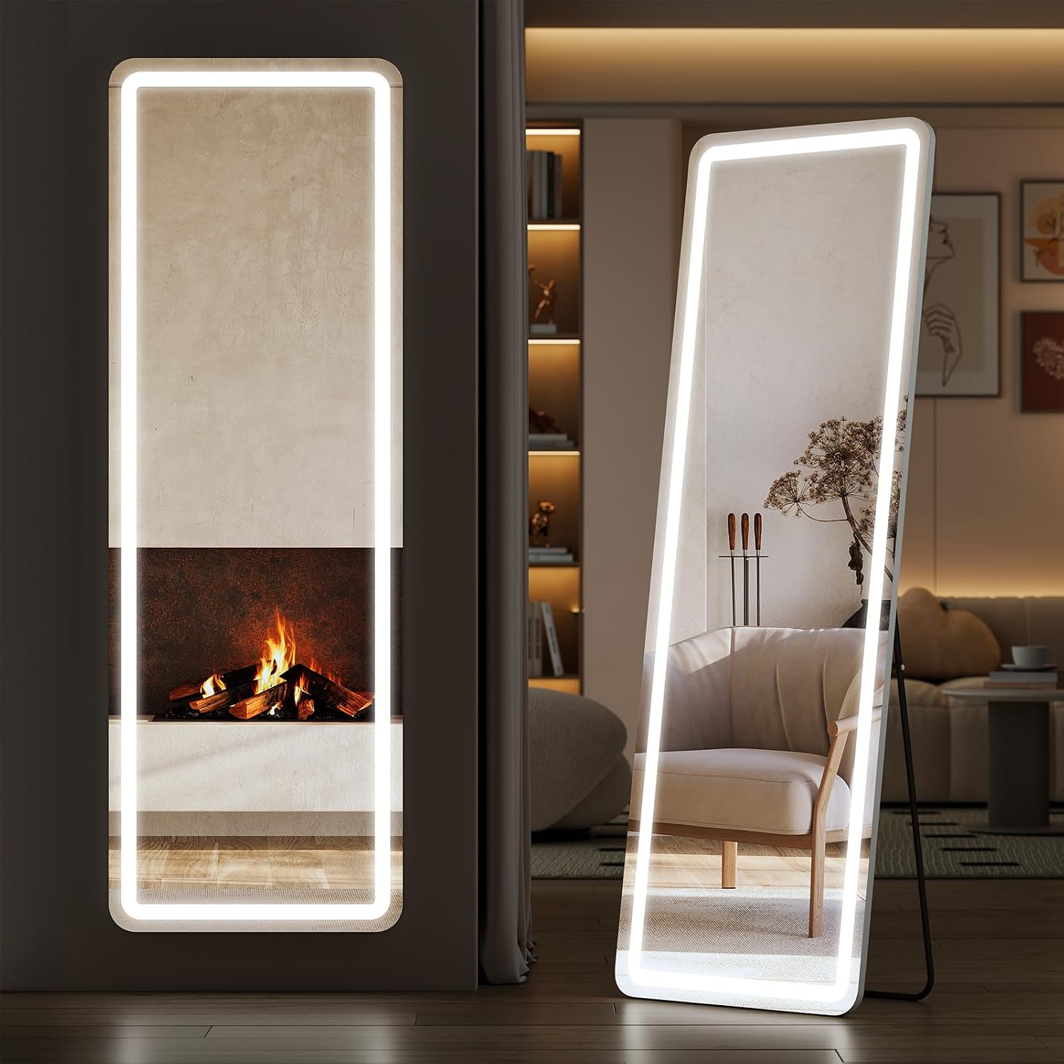 Sweetcrispy - Espejo de longitud completa con luces LED, de 65 x 21 pulgadas, espejo iluminado de pie con atenuación y 3 modos de iluminación, soporte para dormitorio, vestidor | Standing Mirror with Dimming & 3 Color Lighting, Shatterproof Tempered Glass