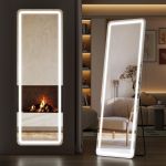 Sweetcrispy - Espejo de longitud completa con luces LED, de 65 x 21 pulgadas, espejo iluminado de pie con atenuación y 3 modos de iluminación, soporte para dormitorio, vestidor | Standing Mirror with Dimming & 3 Color Lighting, Shatterproof Tempered Glass