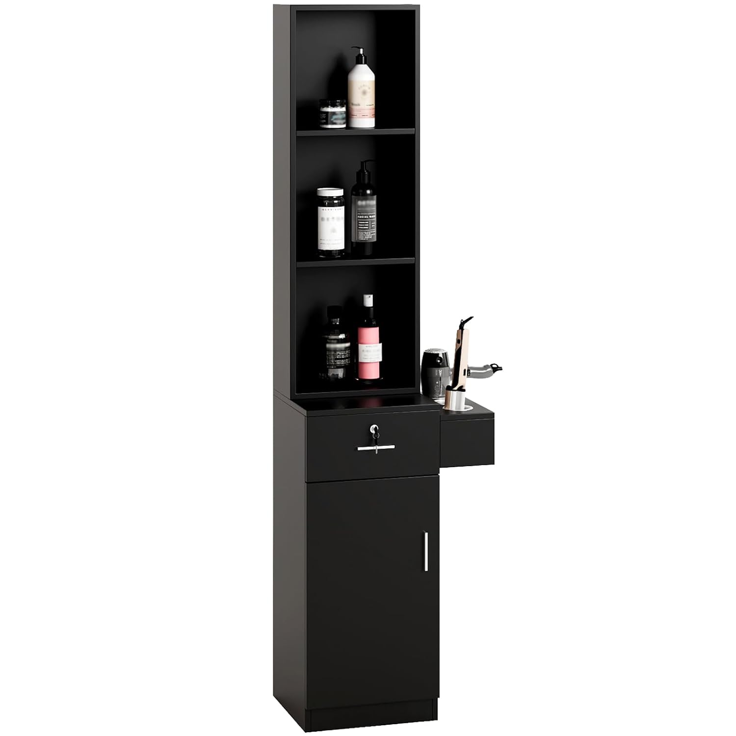 mefeir Estación de peluquería, gabinete de almacenamiento para peluquería con cajón con cerradura, 5 compartimentos y estante, MDF duradero, equipo organizador para salón de belleza, barbería, negro mejorado