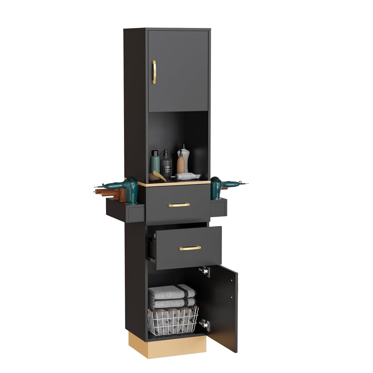 Estación de salón para estilista de cabello, estación de barbero para salón de cabello, equipo de salón de belleza y spa con 2 cajones, 2 gabinetes de almacenamiento, 6 soportes para secadores de pelo