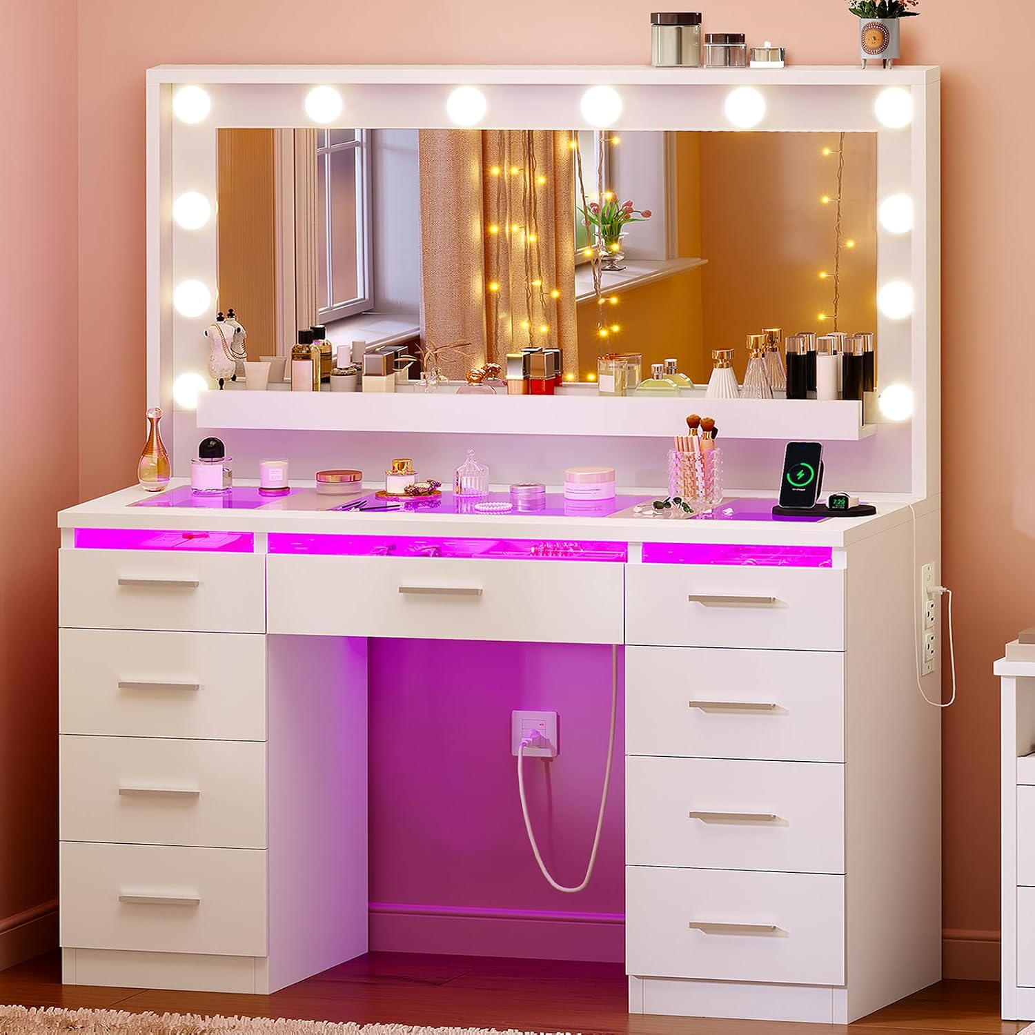 FINOESO - Escritorio grande con espejo y luces, LED de 3 colores, tocador de maquillaje con parte superior de vidrio transparente y luz RGB, mesa de tocador con 9 cajones, estante abierto, toma de