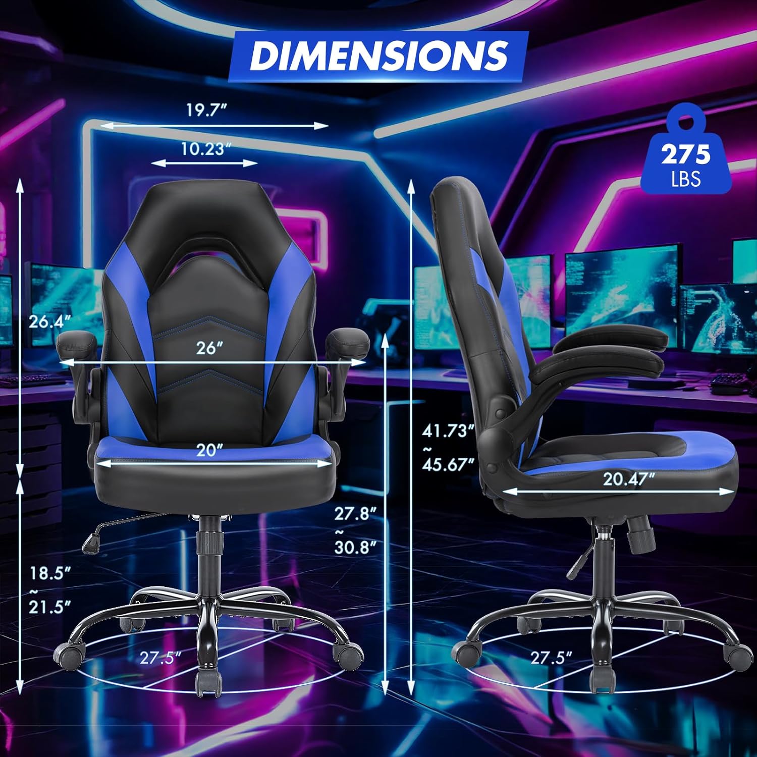 Sweetcrispy Silla de escritorio para videojuegos de computadora - Soporte lumbar ergonómico y cómodo, cuero PU con reposabrazos abatibles, altura ajustable y giro de 360°, para adultos, azul negro