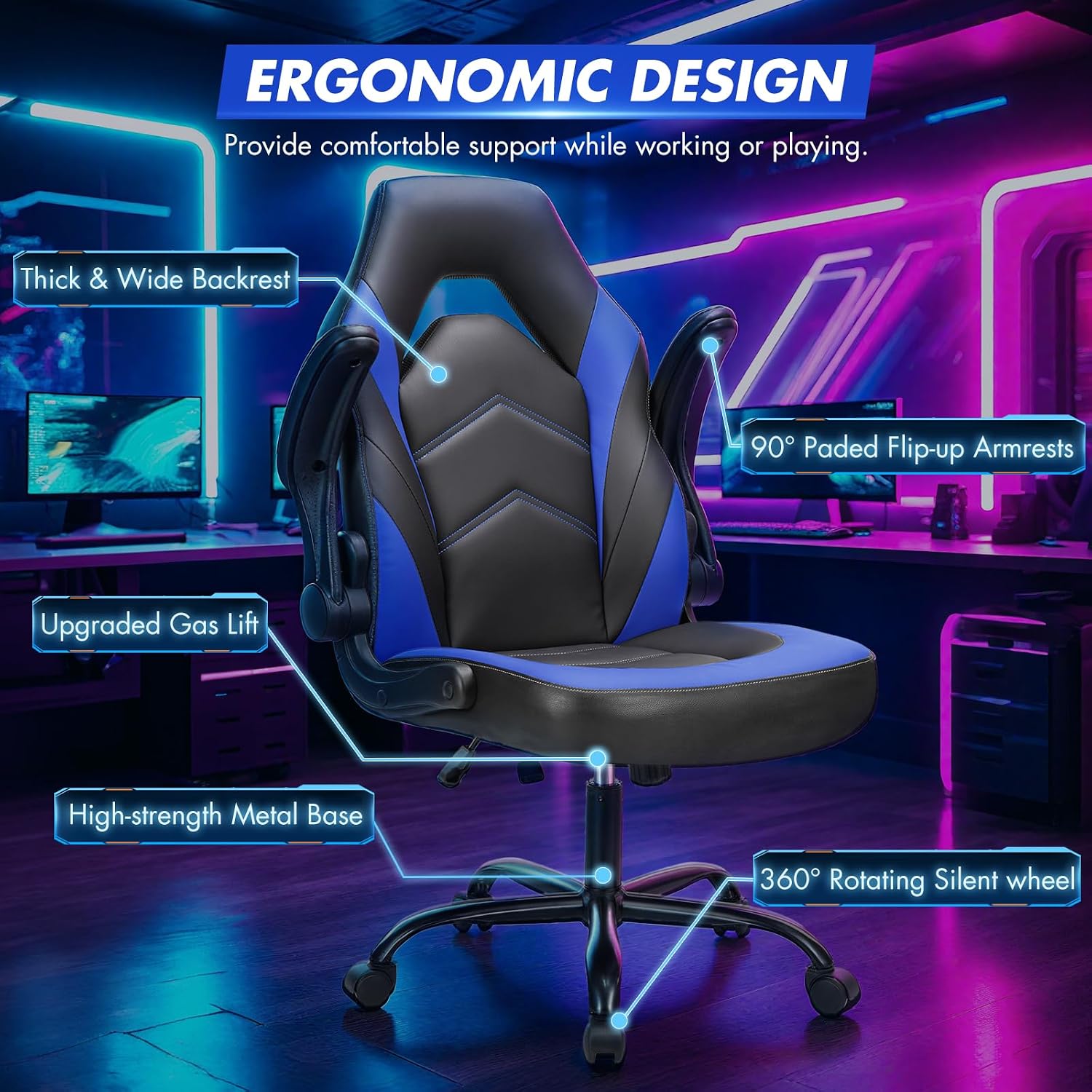 Sweetcrispy Silla de escritorio para videojuegos de computadora - Soporte lumbar ergonómico y cómodo, cuero PU con reposabrazos abatibles, altura ajustable y giro de 360°, para adultos, azul negro