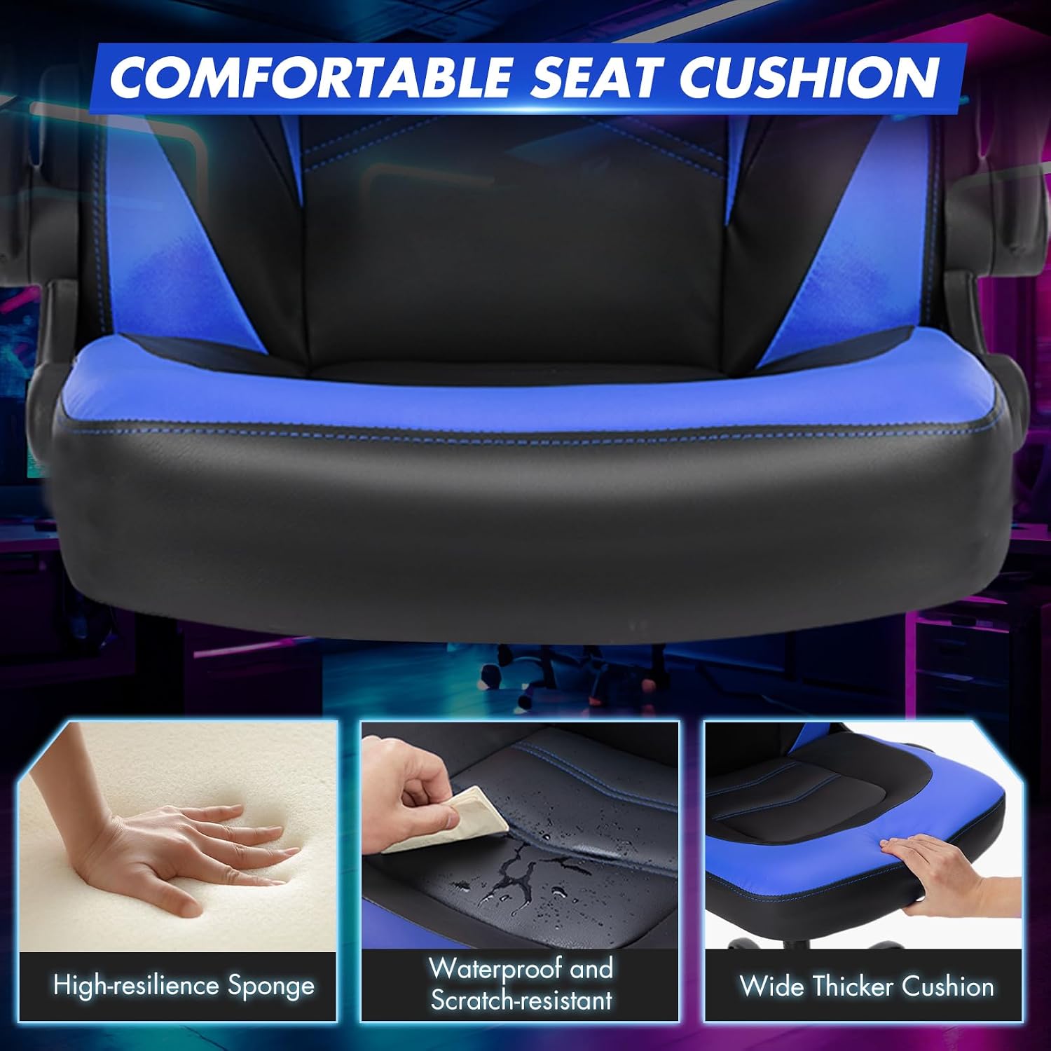 Sweetcrispy Silla de escritorio para videojuegos de computadora - Soporte lumbar ergonómico y cómodo, cuero PU con reposabrazos abatibles, altura ajustable y giro de 360°, para adultos, azul negro