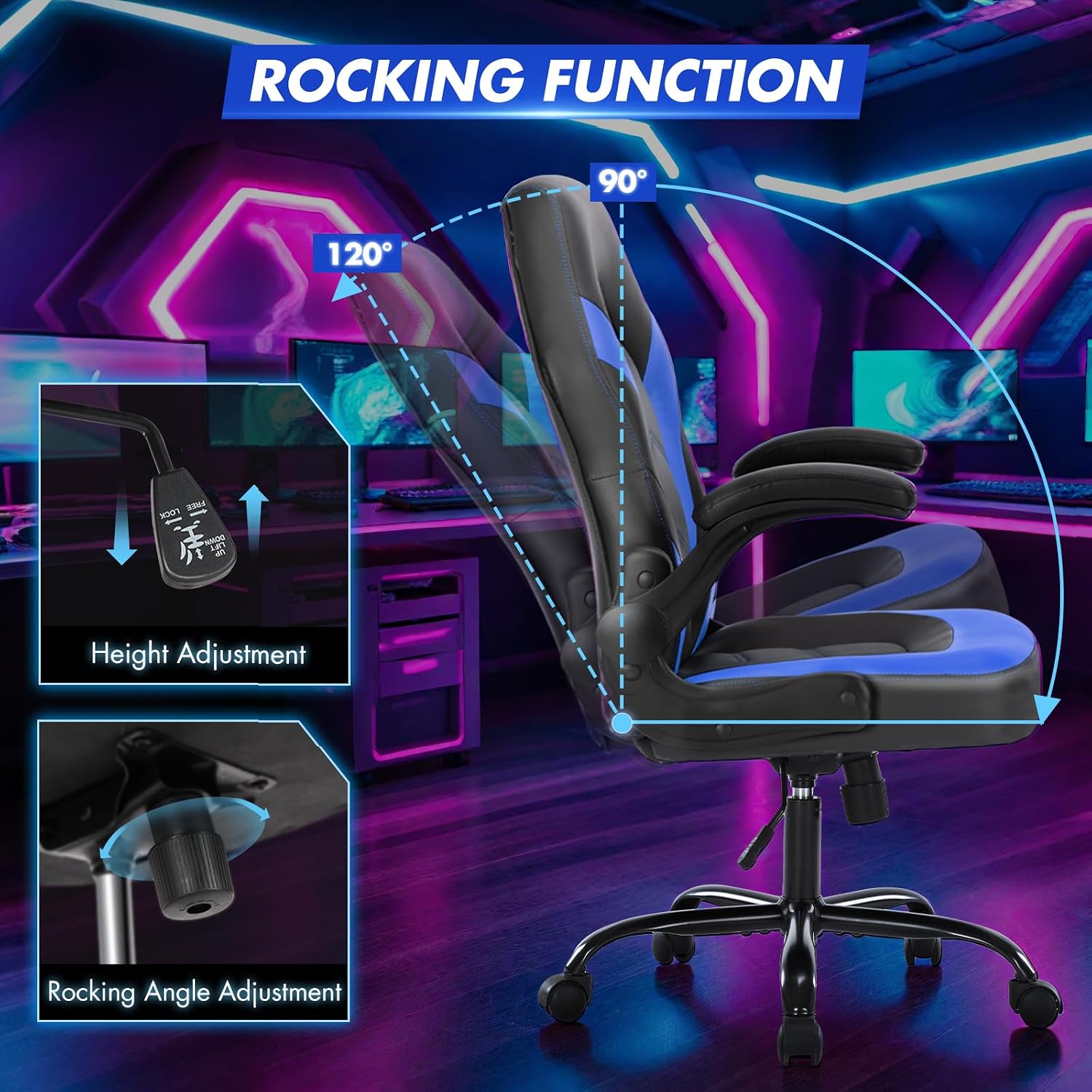 Sweetcrispy Silla de escritorio para videojuegos de computadora - Soporte lumbar ergonómico y cómodo, cuero PU con reposabrazos abatibles, altura ajustable y giro de 360°, para adultos, azul negro