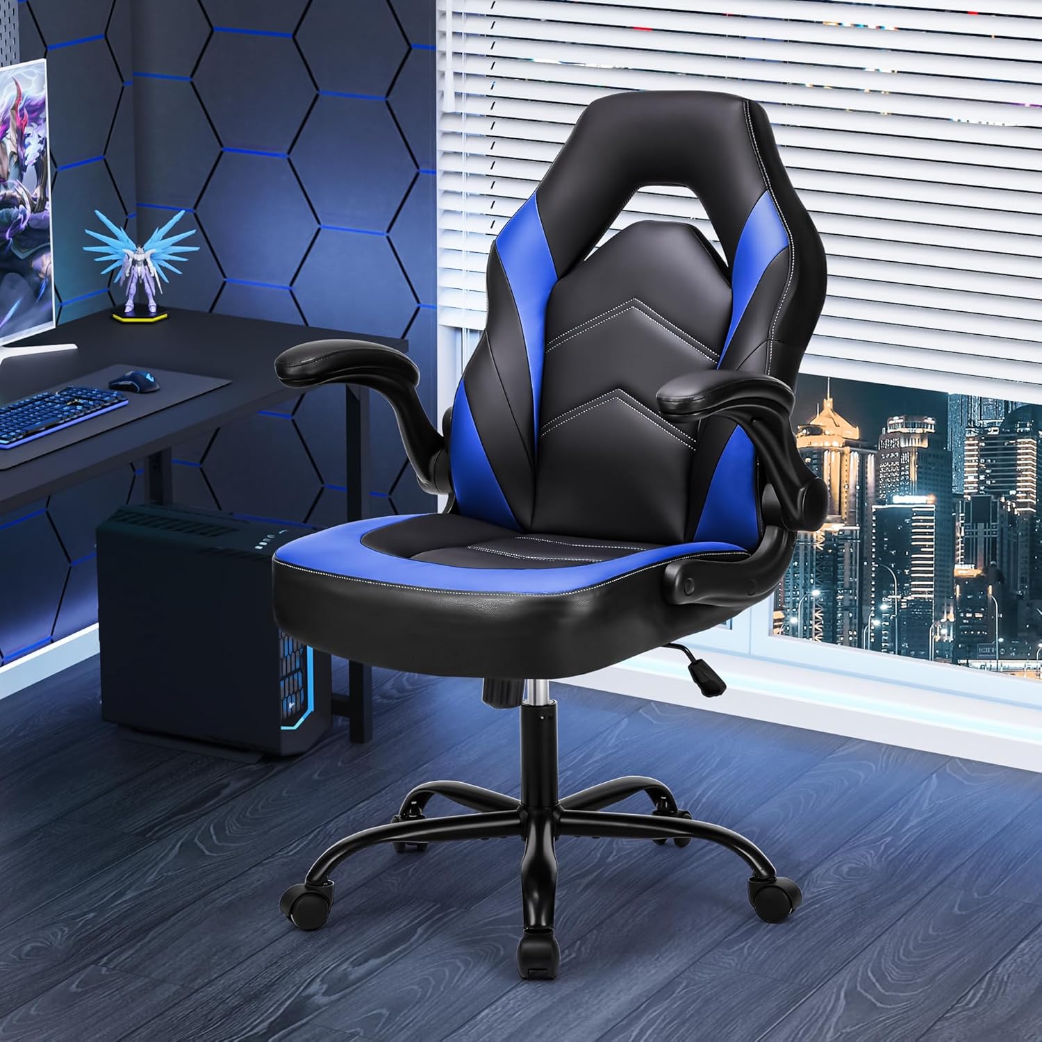 Sweetcrispy Silla de escritorio para videojuegos de computadora - Soporte lumbar ergonómico y cómodo, cuero PU con reposabrazos abatibles, altura ajustable y giro de 360°, para adultos, azul negro