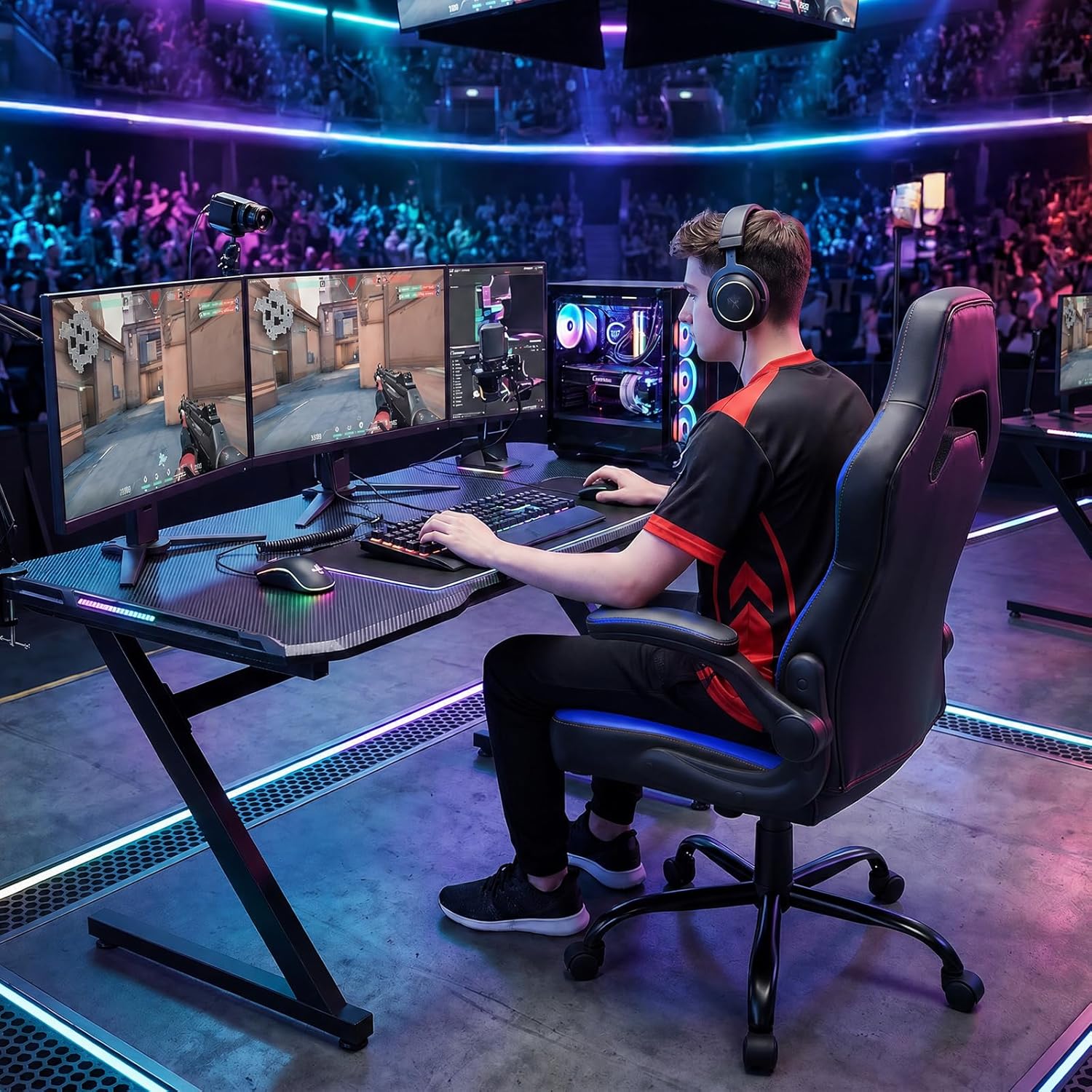 Sweetcrispy Silla de escritorio para videojuegos de computadora - Soporte lumbar ergonómico y cómodo, cuero PU con reposabrazos abatibles, altura ajustable y giro de 360°, para adultos, azul negro