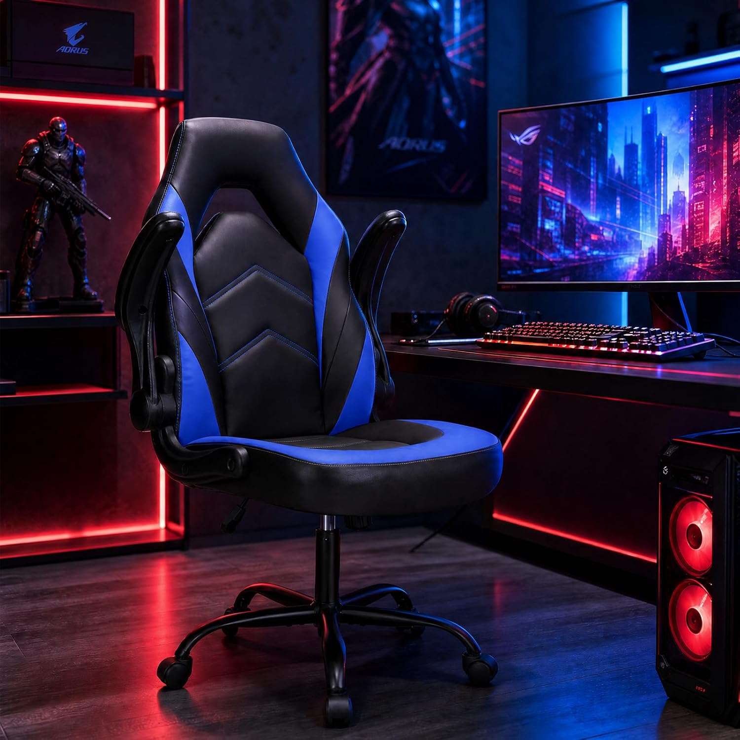 Sweetcrispy Silla de escritorio para videojuegos de computadora - Soporte lumbar ergonómico y cómodo, cuero PU con reposabrazos abatibles, altura ajustable y giro de 360°, para adultos, azul negro