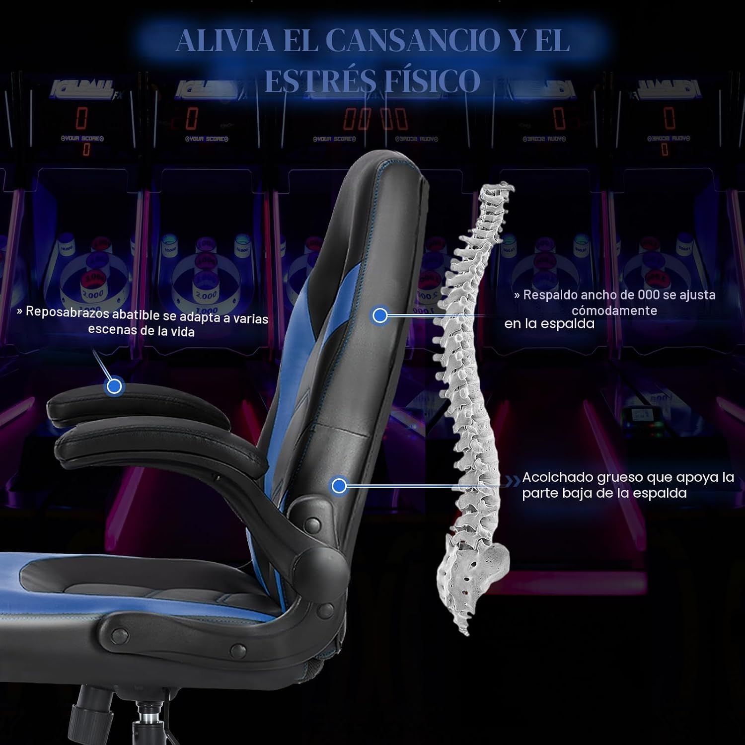 Sweetcrispy Silla de escritorio para videojuegos de computadora - Soporte lumbar ergonómico y cómodo, cuero PU con reposabrazos abatibles, altura ajustable y giro de 360°, para adultos, azul negro