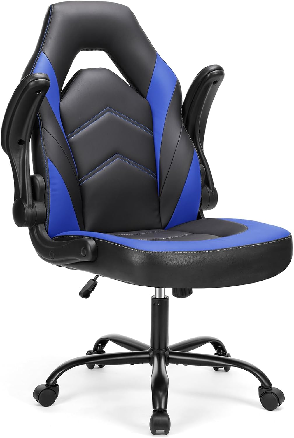 Sweetcrispy Silla de escritorio para videojuegos de computadora - Soporte lumbar ergonómico y cómodo, cuero PU con reposabrazos abatibles, altura ajustable y giro de 360°, para adultos, azul negro