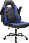 Sweetcrispy Silla de escritorio para videojuegos de computadora - Soporte lumbar ergonómico y cómodo, cuero PU con reposabrazos abatibles, altura ajustable y giro de 360°, para adultos, azul negro