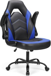Sweetcrispy Silla de escritorio para videojuegos de computadora - Soporte lumbar ergonómico y cómodo, cuero PU con reposabrazos abatibles, altura ajustable y giro de 360°, para adultos, azul negro