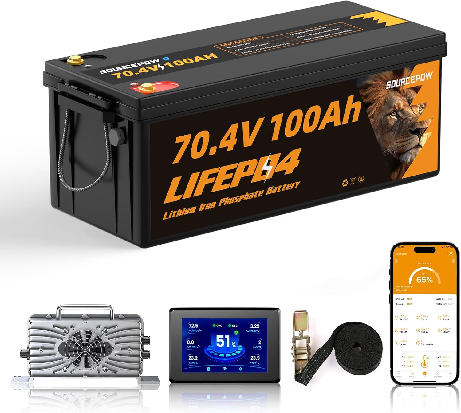 Batería de litio para carrito de golf de 72 V (70.4 V) 100 AH, kit de batería Bluetooth 72V LiFePO4 con cargador de batería de 80.3 V 15 A y monitor LCD, BMS integrado de 200 A, corriente máxima de 1000 A