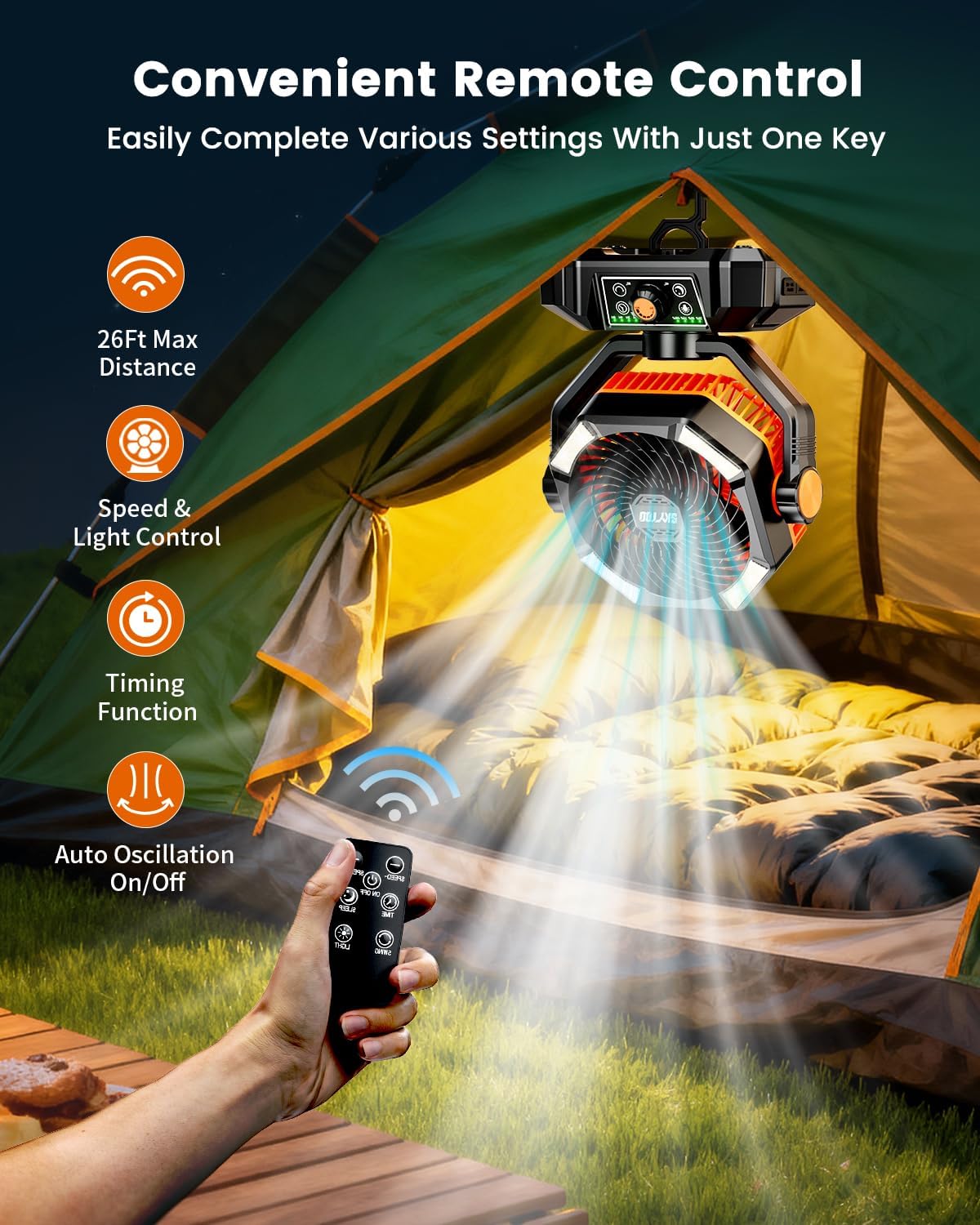 Ventilador de campamento, ventilador de batería de 20000 mAh, ventilador portátil recargable con 4 linternas LED, control remoto, gancho, 8 velocidades, ventiladores oscilantes para tienda de
