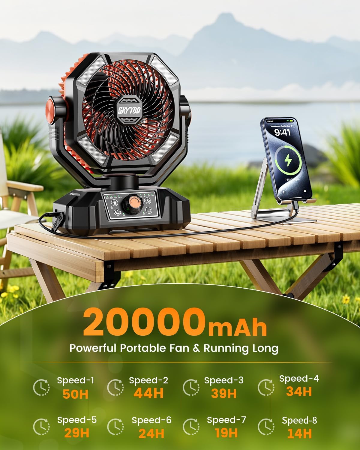 Ventilador de campamento, ventilador de batería de 20000 mAh, ventilador portátil recargable con 4 linternas LED, control remoto, gancho, 8 velocidades, ventiladores oscilantes para tienda de