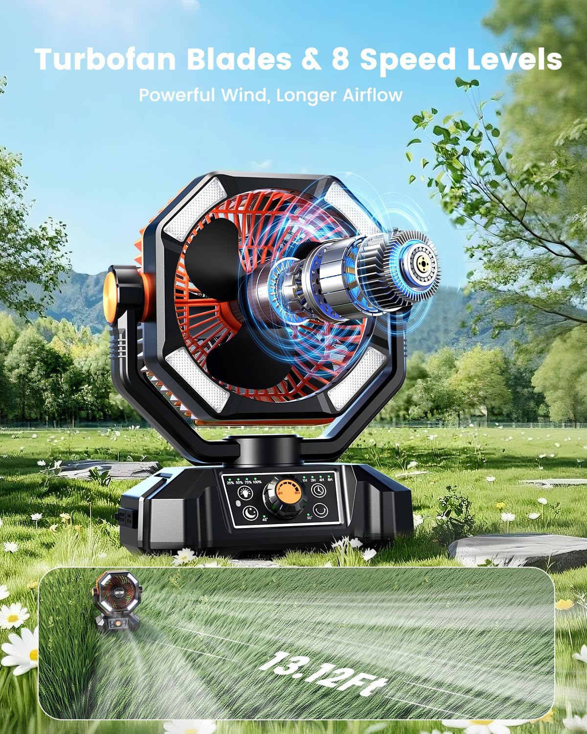 Ventilador de campamento, ventilador de batería de 20000 mAh, ventilador portátil recargable con 4 linternas LED, control remoto, gancho, 8 velocidades, ventiladores oscilantes para tienda de