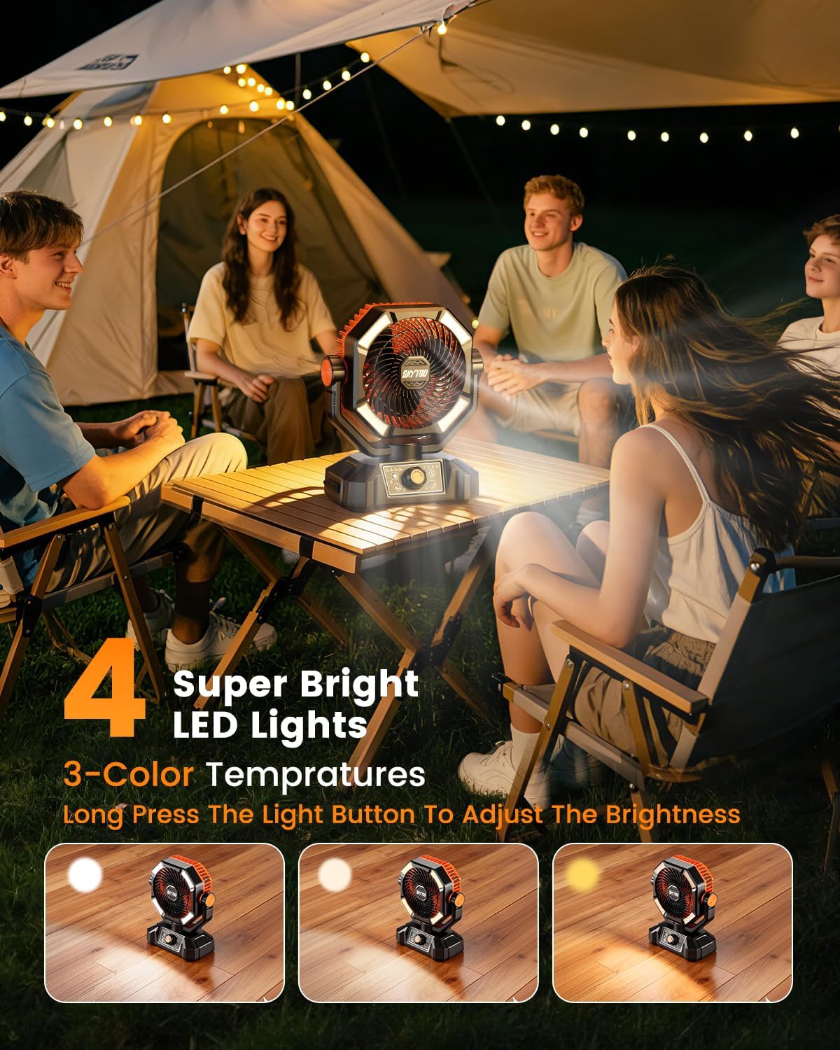 Ventilador de campamento, ventilador de batería de 20000 mAh, ventilador portátil recargable con 4 linternas LED, control remoto, gancho, 8 velocidades, ventiladores oscilantes para tienda de